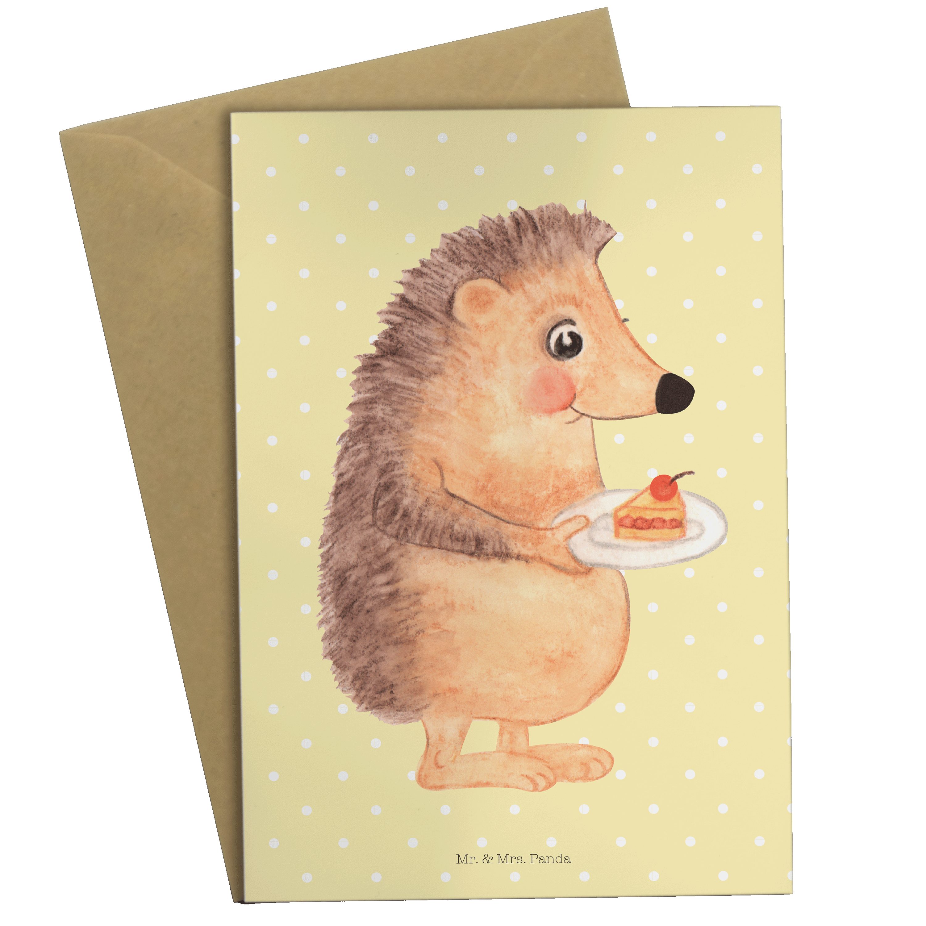 Mr. & Mrs. Panda Grußkarte Igel mit Kuchenstück - Gelb Pastell - Geschenk, Geburtstagskarte, Tie