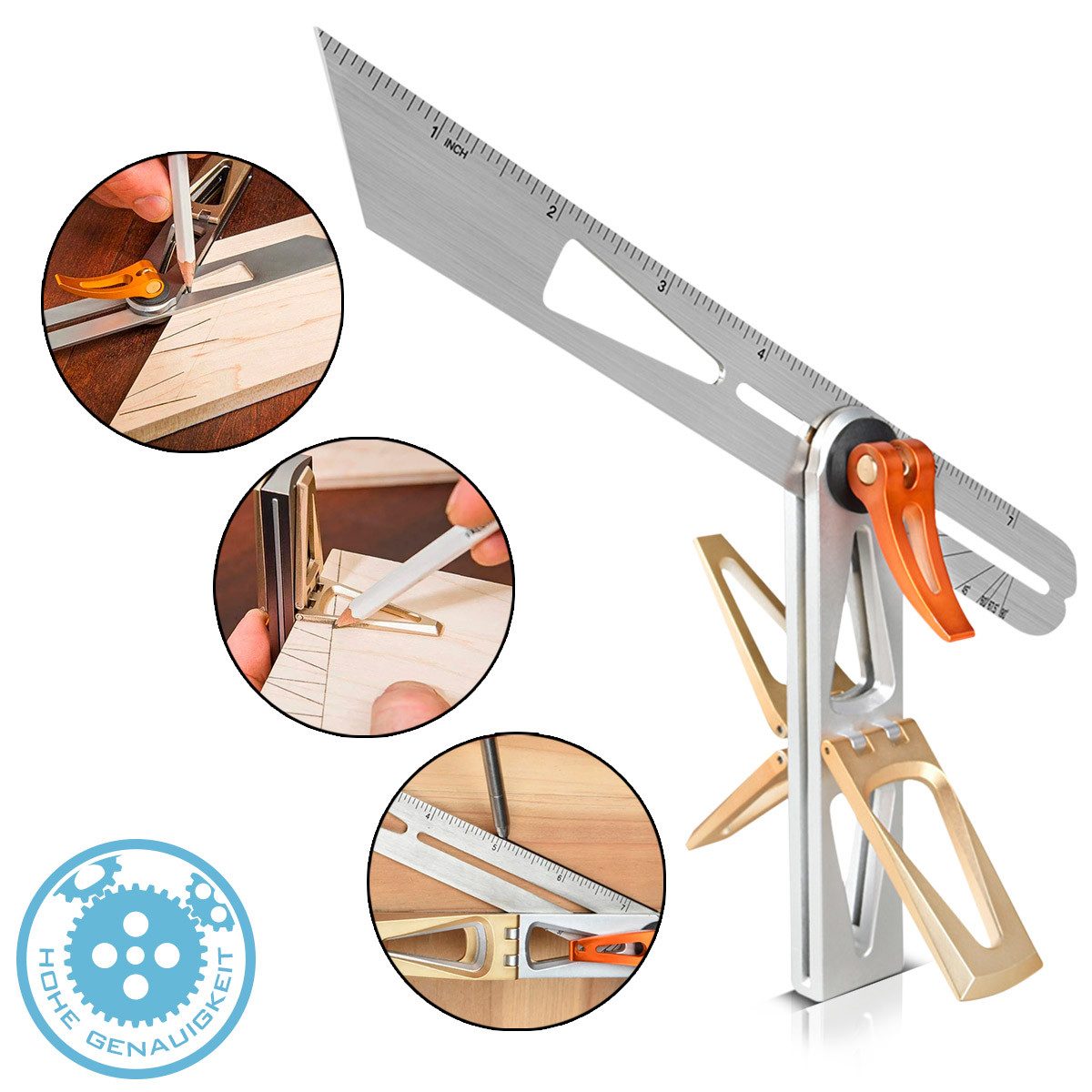 STAHLWERK Winkelmesser Schmiege mit Anschlag Winkelschmiege Kombiwinkel, L:21,5 cm, (Set, Einzelartikel), besitzt integrierte Profilschablonen