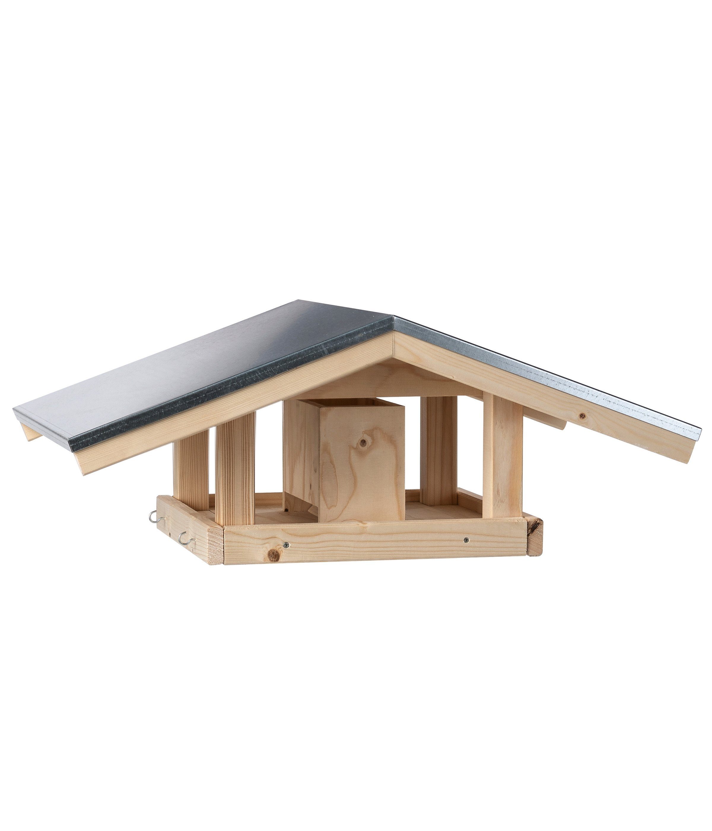 Dehner Vogelhaus Natura Karwendel, 27.7 x 71.4 x 52 cm, mit 4 Knödel-Haken und Futterschublade, Fichtenholz natur/Blech