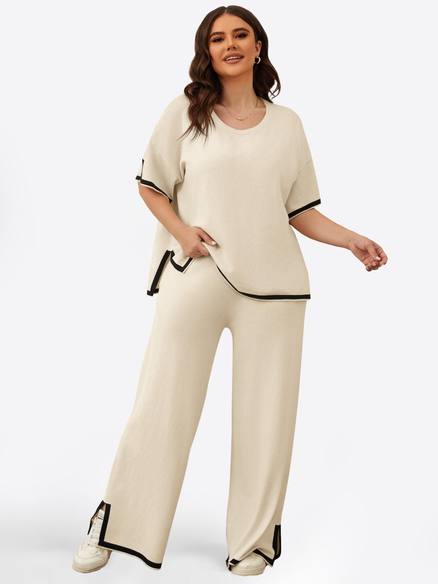 Imily Bela Hausanzug Damen Zweiteilige Outfits in Übergrößen (Set, 2 tlg., Kurzarm-Pullover-Tops+Weite Hosen) mit Rundhalsausschnitt