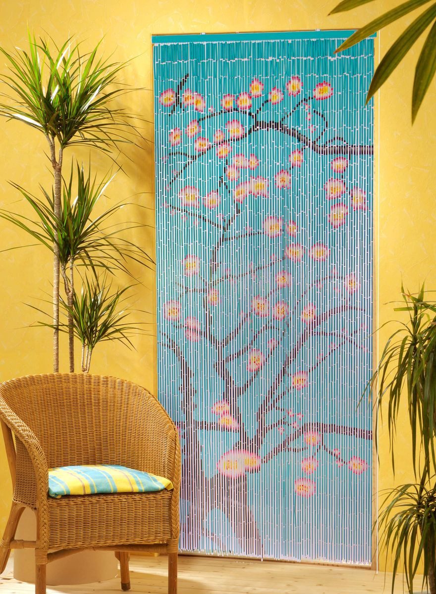 CONACORD Türvorhang Decona Blüten Dekovorhang bunt, Hakenaufhängung, halbtransparent, 90 x 200 cm, Bambus - blickdicht dank hoher Stranganzahl