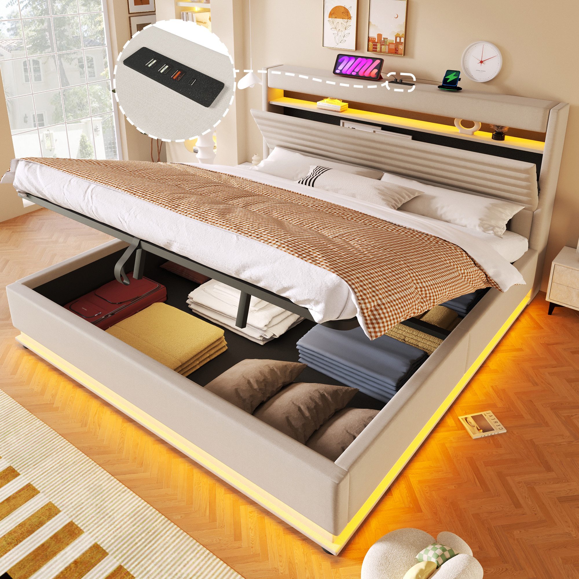 Merax Polsterbett mit LED-Beleuchtung und USB/Typ-C Ladefunktion (Leinenstoff, 1-tlg., Mehrzweckbett), Doppelbett 180x200cm mit hydraulischem Stauraum & Flip-Top-Staufach