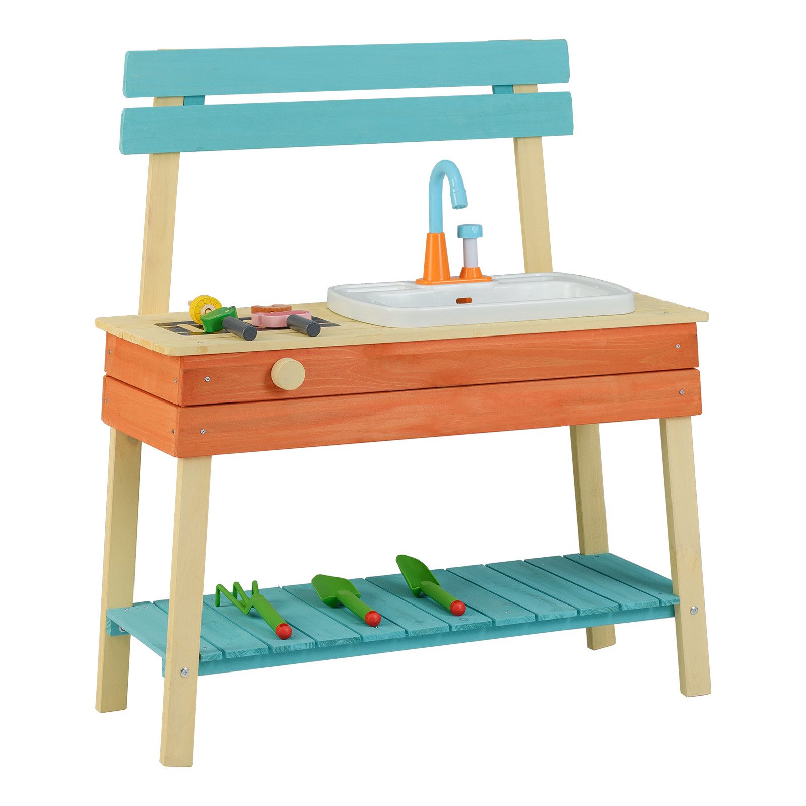 COSTWAY Spielküche Holz, Kinderkücheset mit Holzspießen & Gartenaccessoires