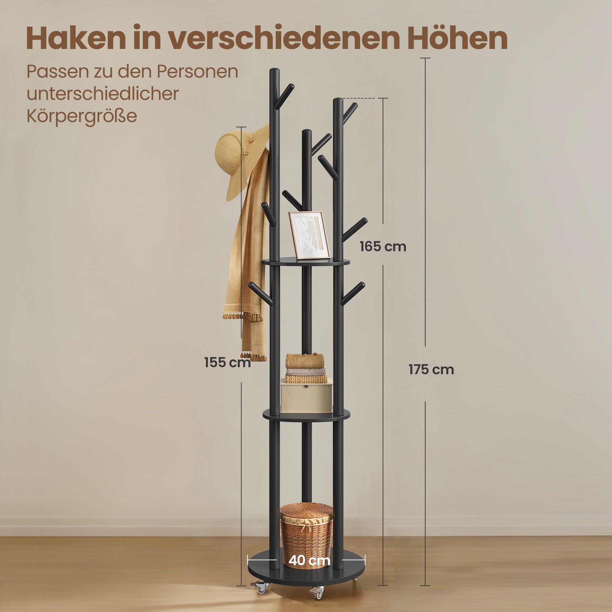 VASAGLE Garderobenständer Kleiderständer, 4 drehbare und abnehmbare Rollen, Eingang Schlafzimmer, mit 11 Haken und 3 Ablagen, Haken und Haltestangen aus Massivholz