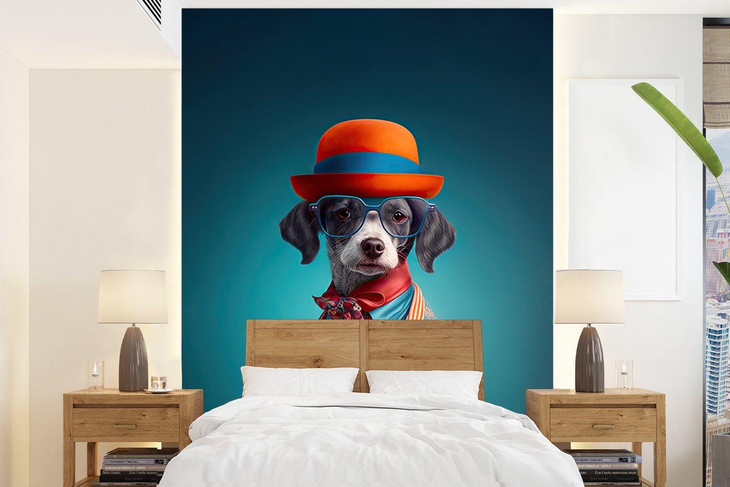 MuchoWow Fototapete Hund - Jacke - Blumen - Porträt - Blau, Matt, bedruckt, (4 St), Montagefertig Vinyl Tapete für Wohnzimmer, Wandtapete