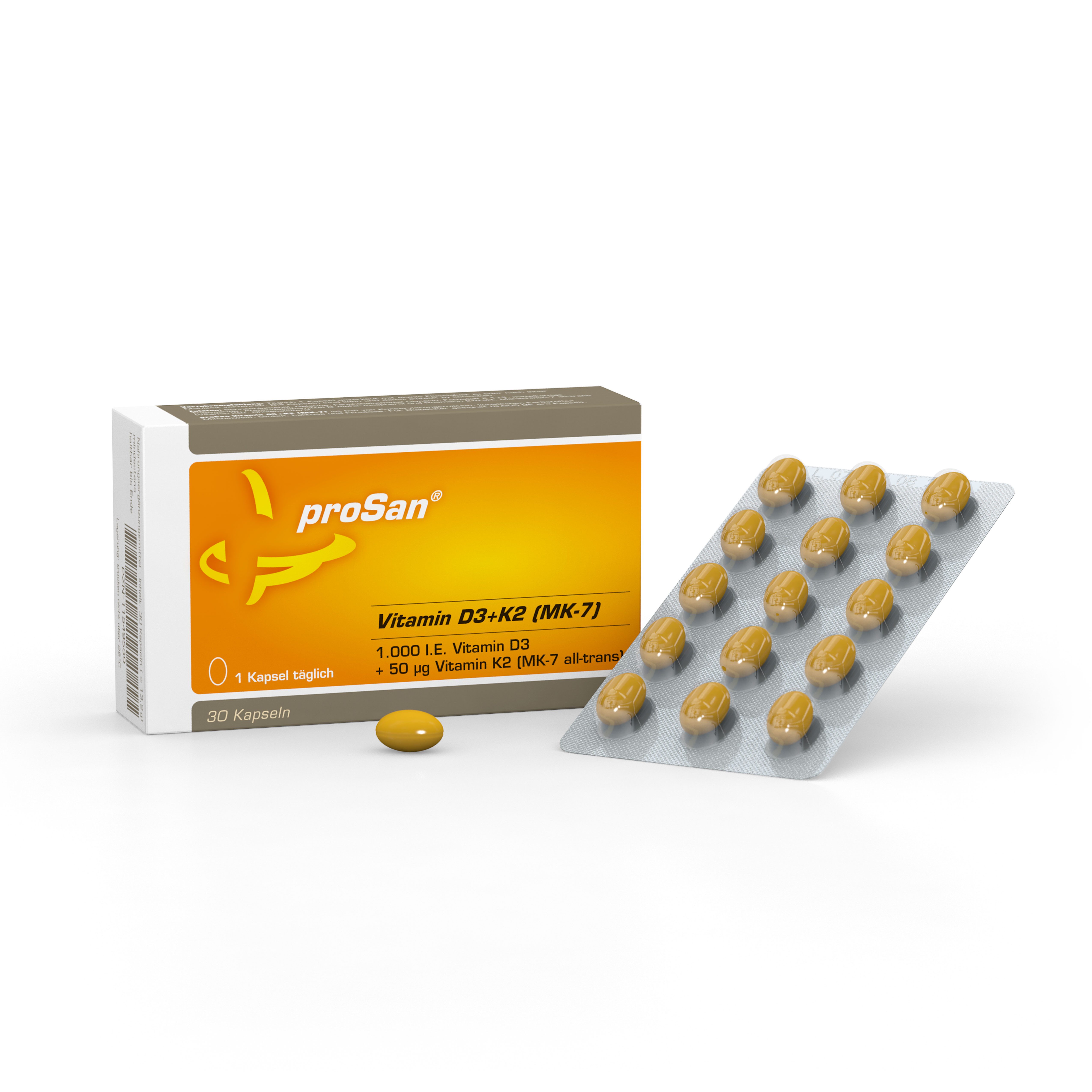 proSan Vitamin D3+K2 (MK-7), hochdosiert, 1.000 I.E. Vitamin D3, Kapseln, 30 St., 13 g