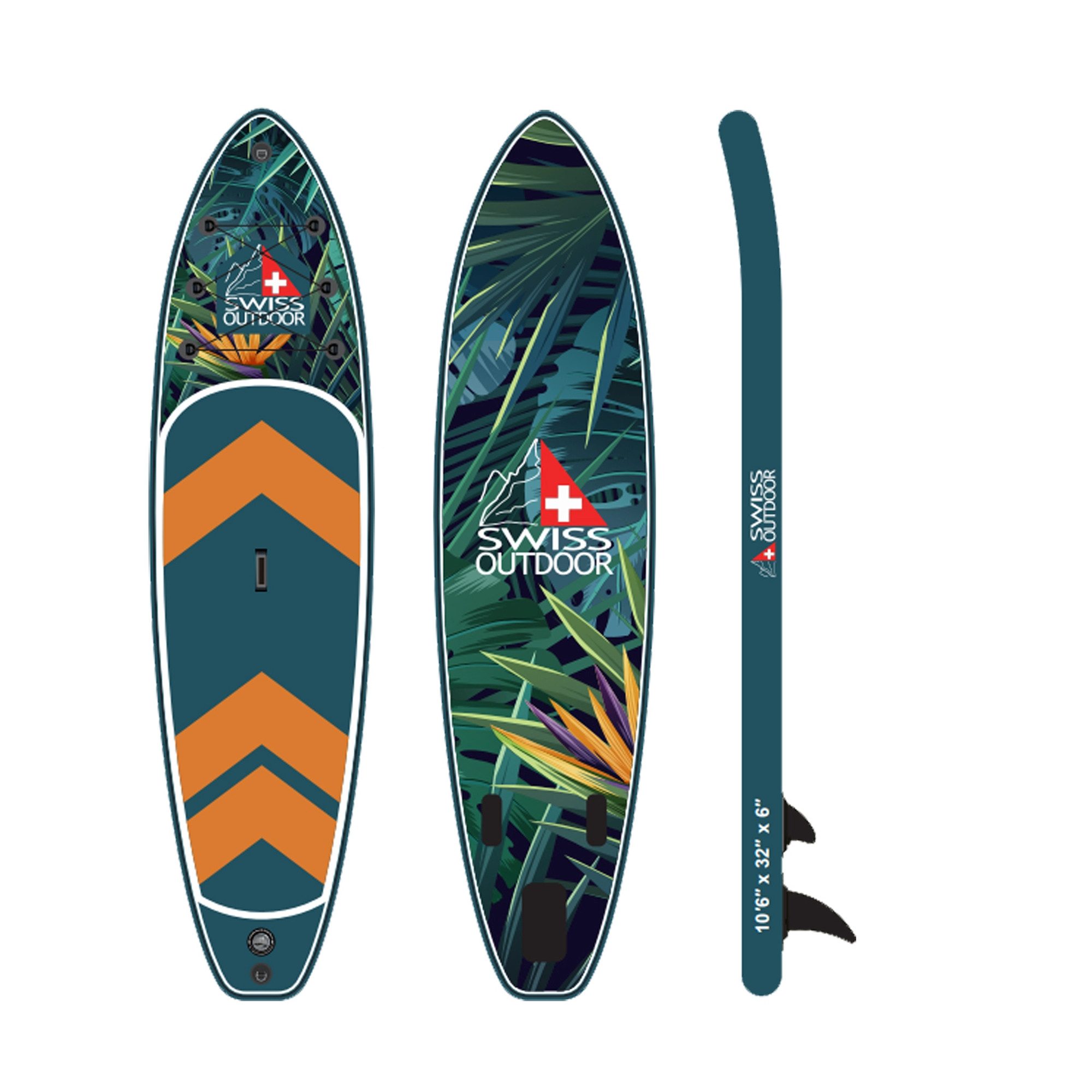 Swiss Outdoor SUP-Board Stand Up Paddle SUP dschungel, (Set, mit Paddel, Transporttasche, Finnen, Pumpe), mit Paddel, 2 Wege Pumpe, Rucksack, 3 Finnen