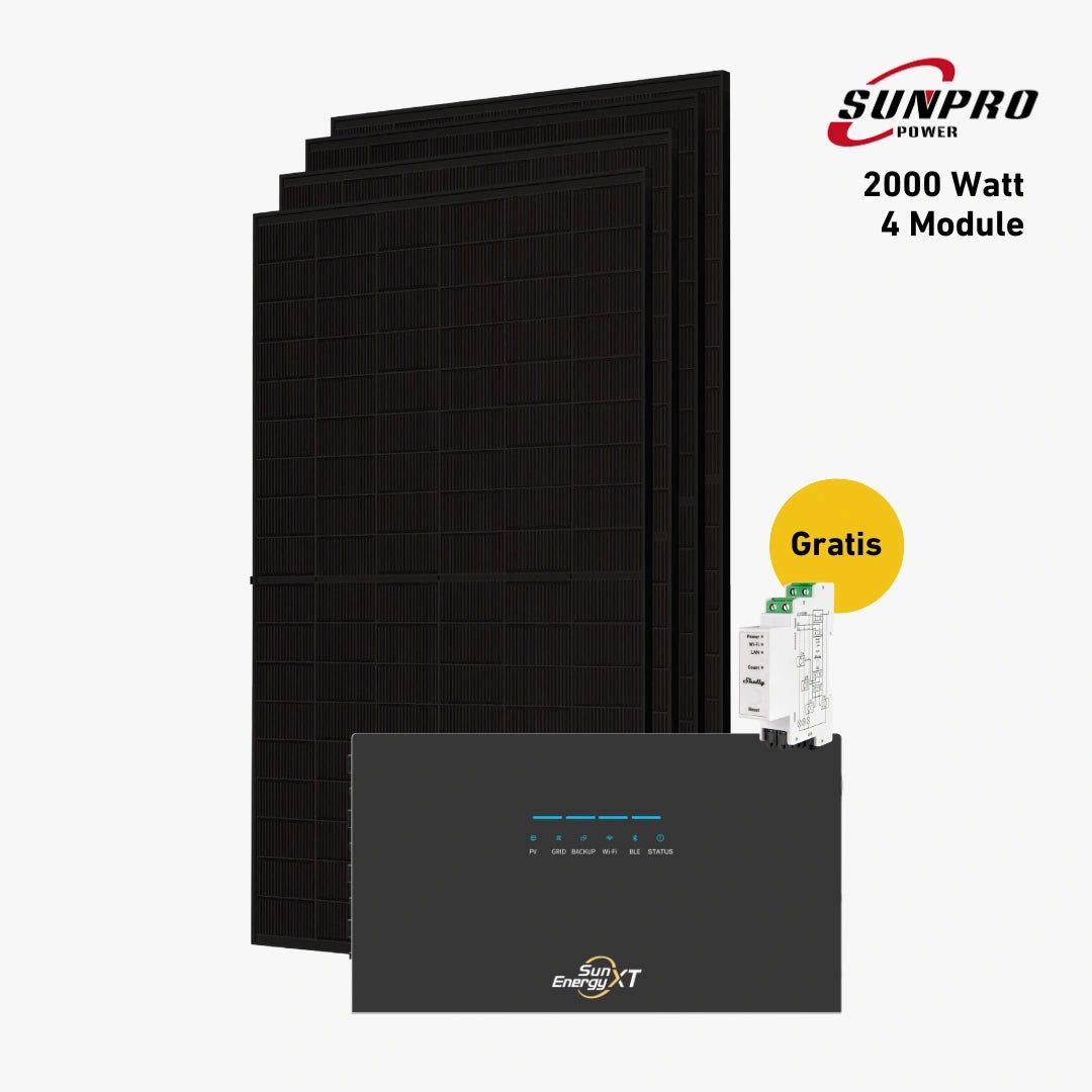 Balkonstrom Balkonkraftwerk 2000W + Speicher, SunEnergyXT 500 Pro, Komplettset, Bifazial, 2000 W, Monokristallin, Halterung für Dach, Fassade, Balkon & Garten, App & Plug&Play DE