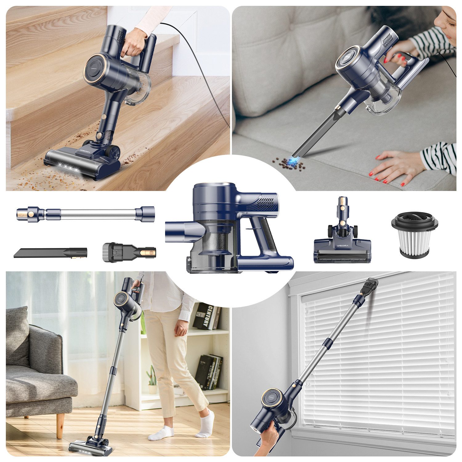 INSE Hand-und Stielstaubsauger I8 Kabelgebundener Staubsauger,LED-Licht,Haustierfamilie geeignet, 600 W, mit Beutel, 23KPA Starke Saugkraft, Elektrische Bodenbürste,HEPA-Filter
