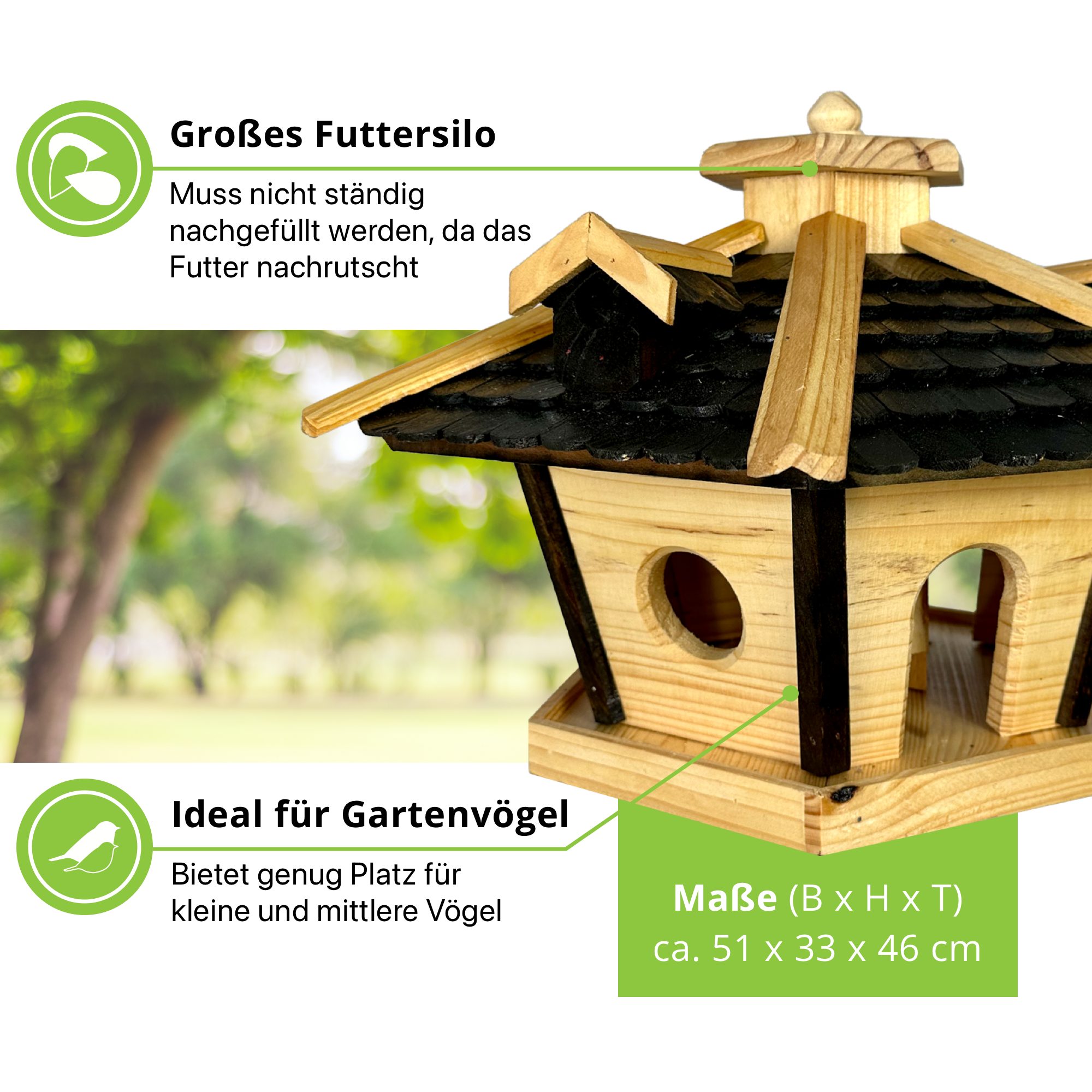 gartenetage Vogelhaus Großes Sechseckiges Vogelhaus aus Holz mit Holzschindeldach, Wetterbeständiges Vogelfutterhaus - Ideal für Garten und Terrasse