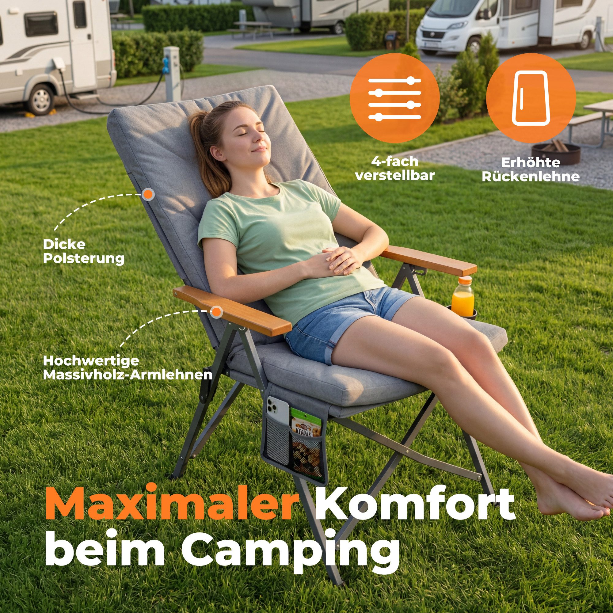 HOMECALL Campingstuhl Faltbar Hochlehner Luxus Klappstuhl mit 4,5cm Dicke Gepolstert (150kg Belastbar mit 4 Positionen Verstellbar Angelstuhl, 2 St), für Garten Balkon Wohnmobil