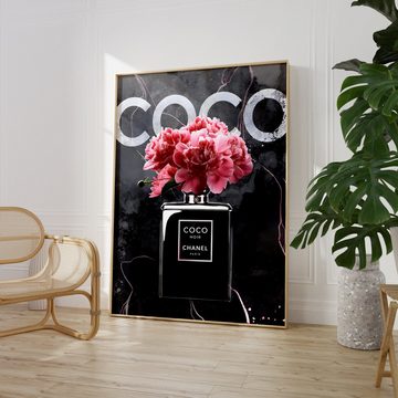 JUSTGOODMOOD Poster Premium ® Coco Chanel Poster · Coco Noir Parfüm Flacon · ohne Rahmen, (1 St), Poster in vielen verschiedenen Größen verfügbar, Poster, Wandbild