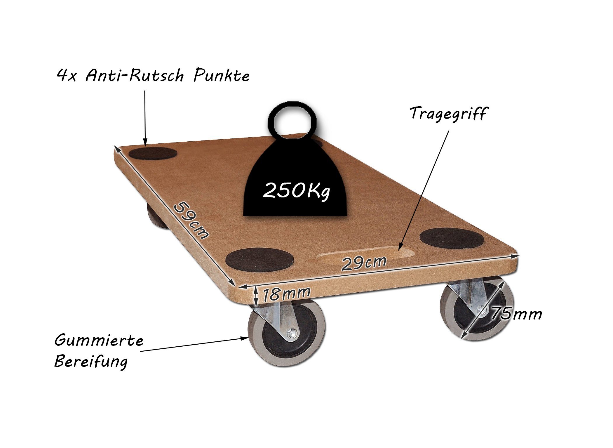 BigDean Transportroller 3x Möbelroller 250kg Rollbrett MDF, (Set, 3-St., Transportroller), Möbelroller, Möbelhund, MDF-Transportroller