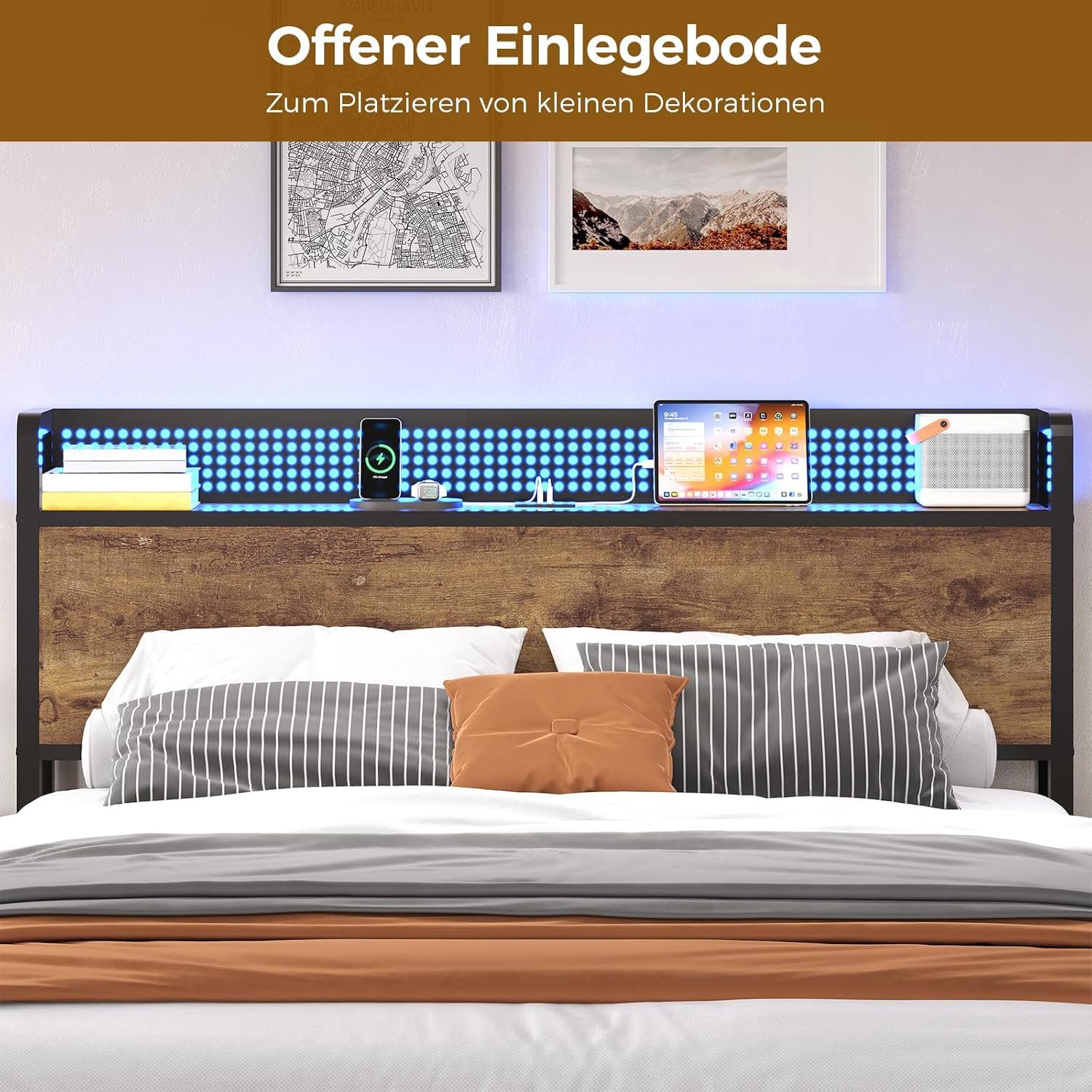 KIMENICH Metallbett mit LED-Beleuchtung – Metallrahmen, Ladestation, Vintage Braun (1-tlg., Ohne Matratze), Jugendbett, Bettgestell 140x200cm – Bild 5 von 5