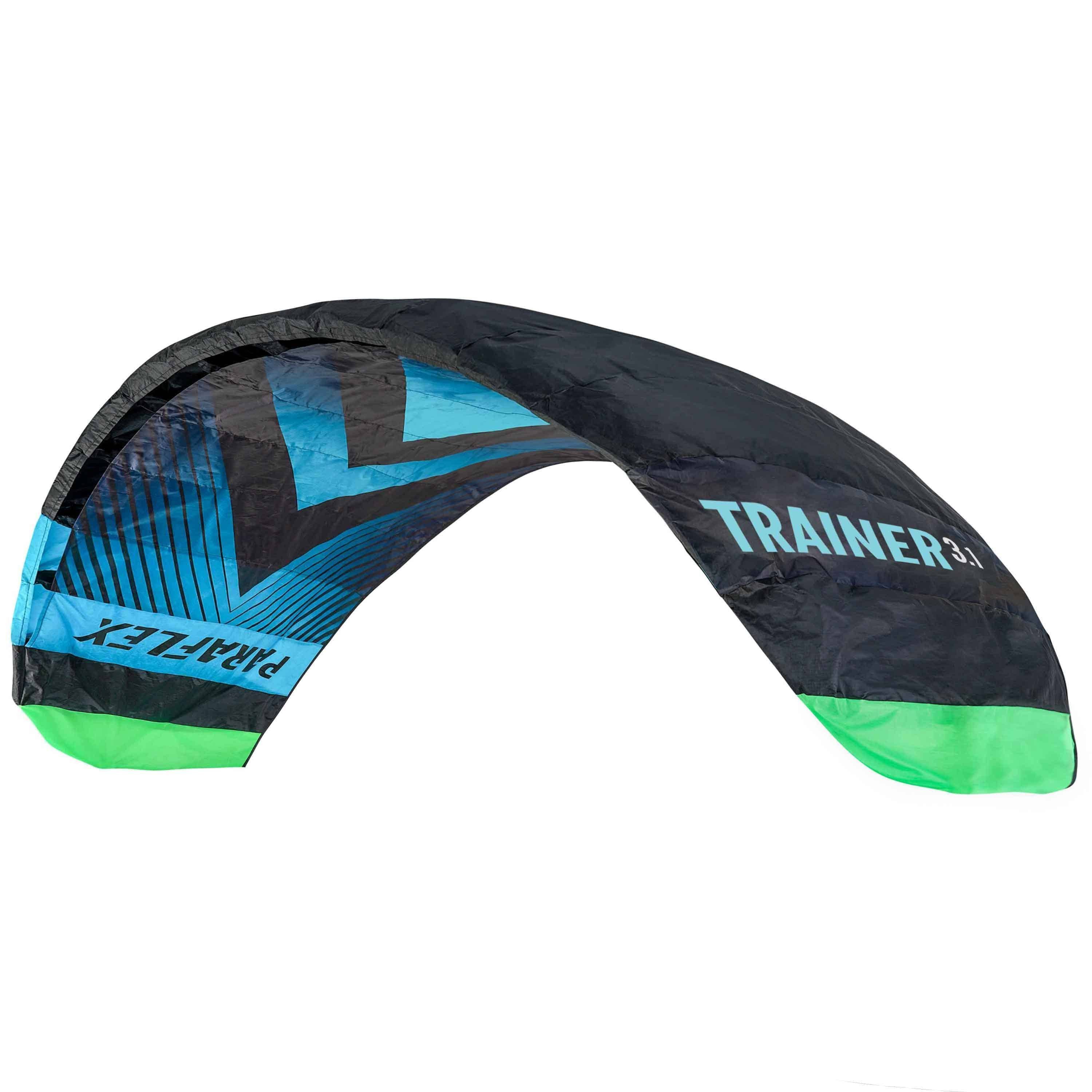 Wolkenstürmer Kite Paraflex Trainer 3.1 Powerkite 2,8 m² Ready to Fly, (Vierleiner Drachen 310 cm für Landkiten und Snowkiten, 2,8 m² Fläche, 1-tlg), Kitesurf Lenkmatte (schwarz-türkis) mit Trainerbar und Leinen