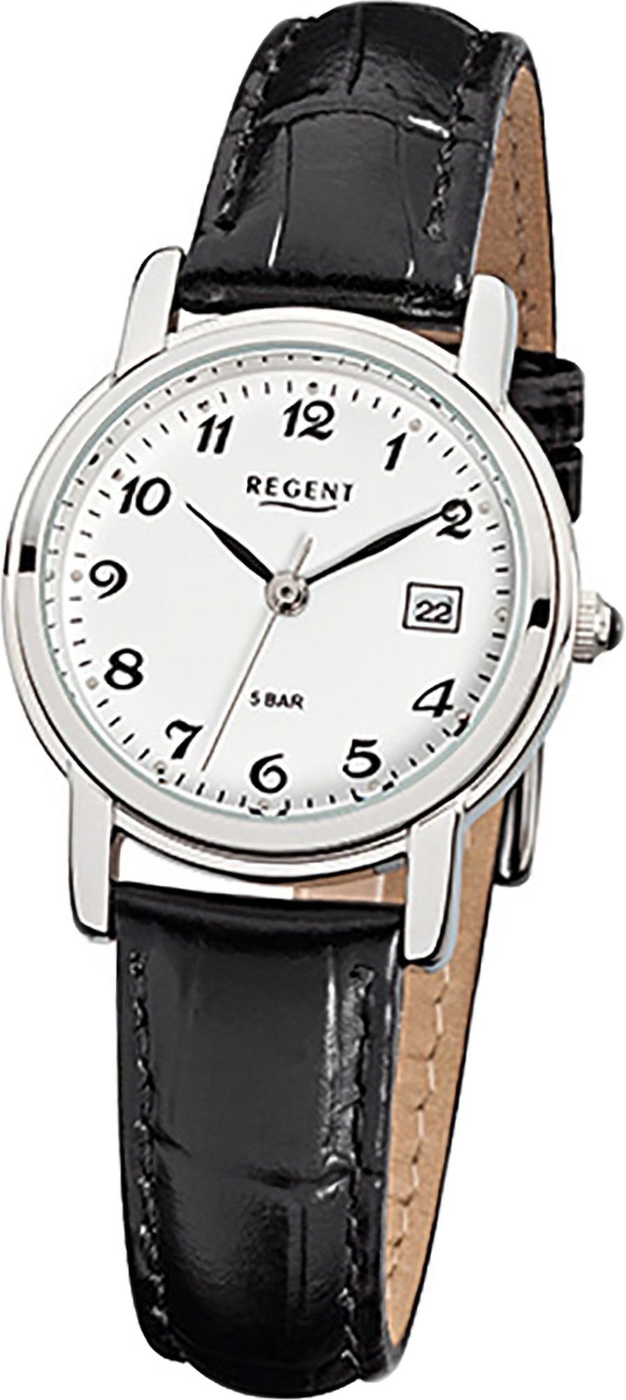 Regent Quarzuhr Regent Leder Damen Uhr F-572 Quarzuhr, Damenuhr Lederarmband schwarz, rundes Gehäuse, klein (ca. 28mm)