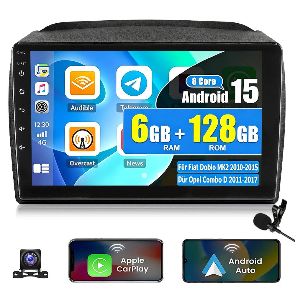ESSGOO 8 Core Carplay Android 15 AutoRadio 4G für Fiat Doblo MK2/Opel Combo D Autoradio (6GB+128GB, RDS, 4G LTE, FM, DAB+ (optional), SWC, Carplay Android Auto Bluetooth EQ USB GPS Navi WIFI Touchscreen)