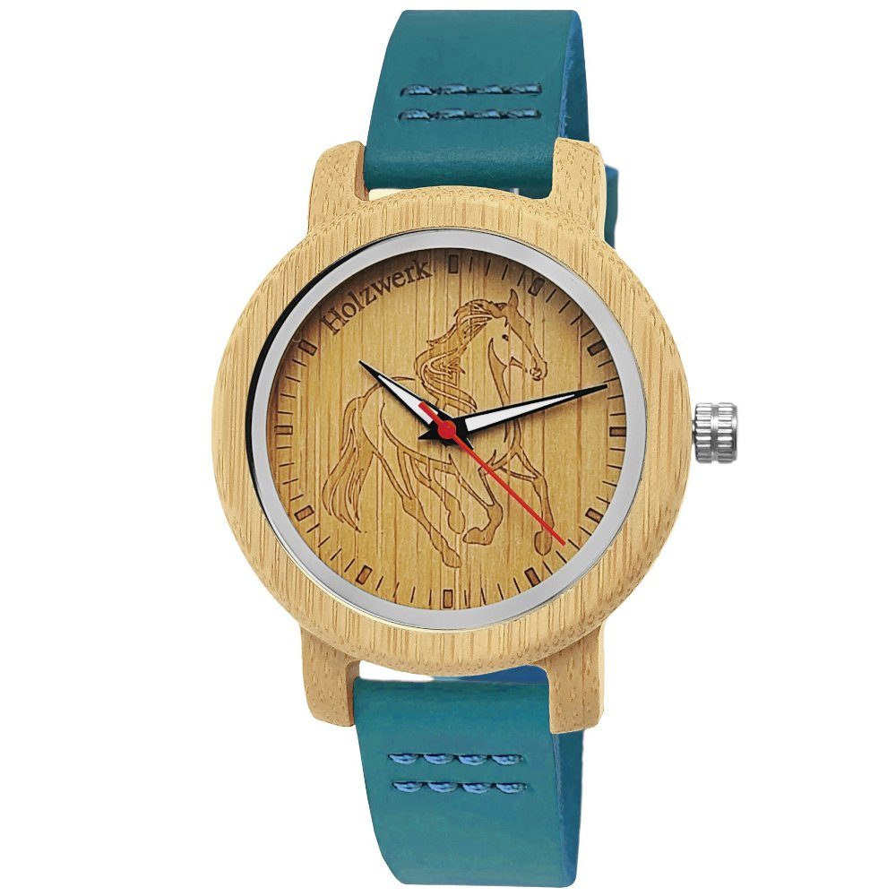 Holzwerk Quarzuhr LIL TORI BLUE Kinder Leder & Holz Armband Uhr, Pferd Motiv, blau