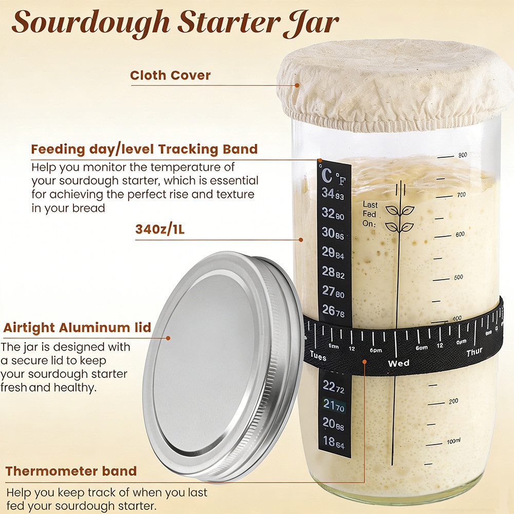 GLIESE Brotbackform Sauerteig Starter Set - Gärglas mit Spatel u. Thermometer, (21-tlg), Komplettes Starter-Set: Thermometer, Tracker & Zubehör.