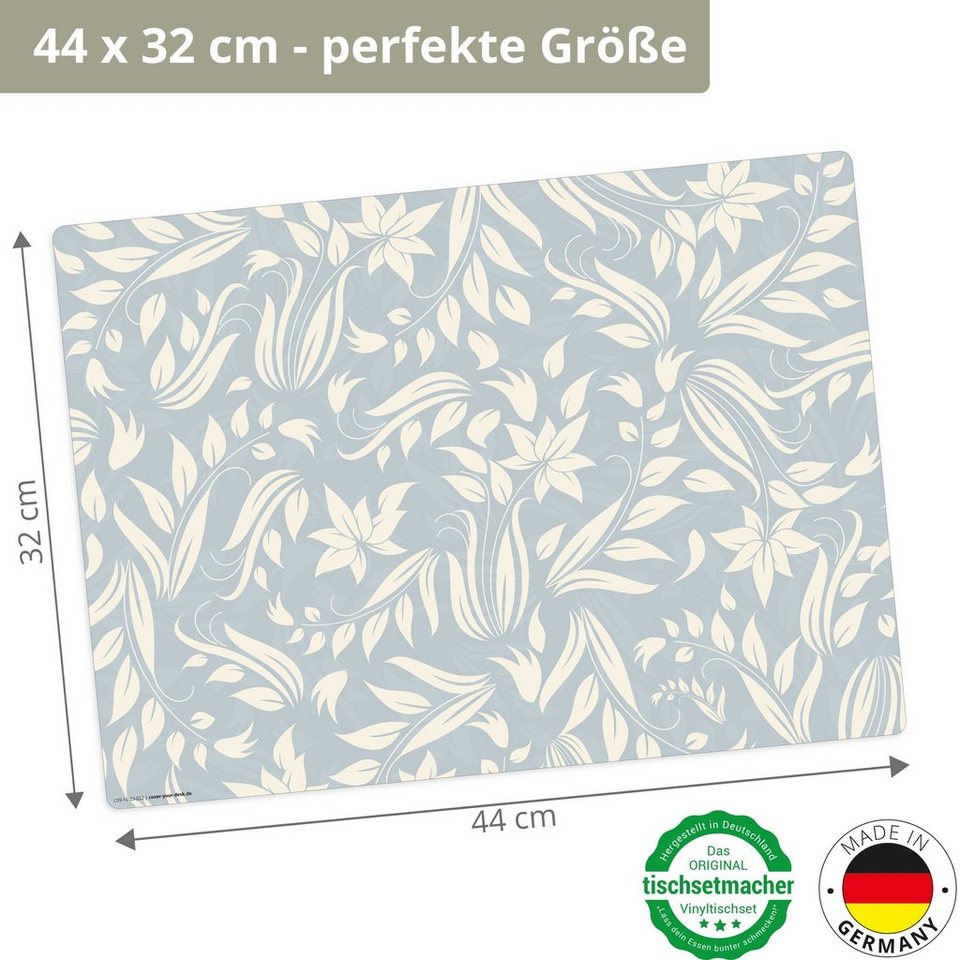 Platzset, Tischset, Platzset abwaschbar - Florales Muster in hellblau,  Tischsetmacher, (aus erstklassigem Vinyl, 4-St., 44 x 32 cm / hellblau),  Made in Germany