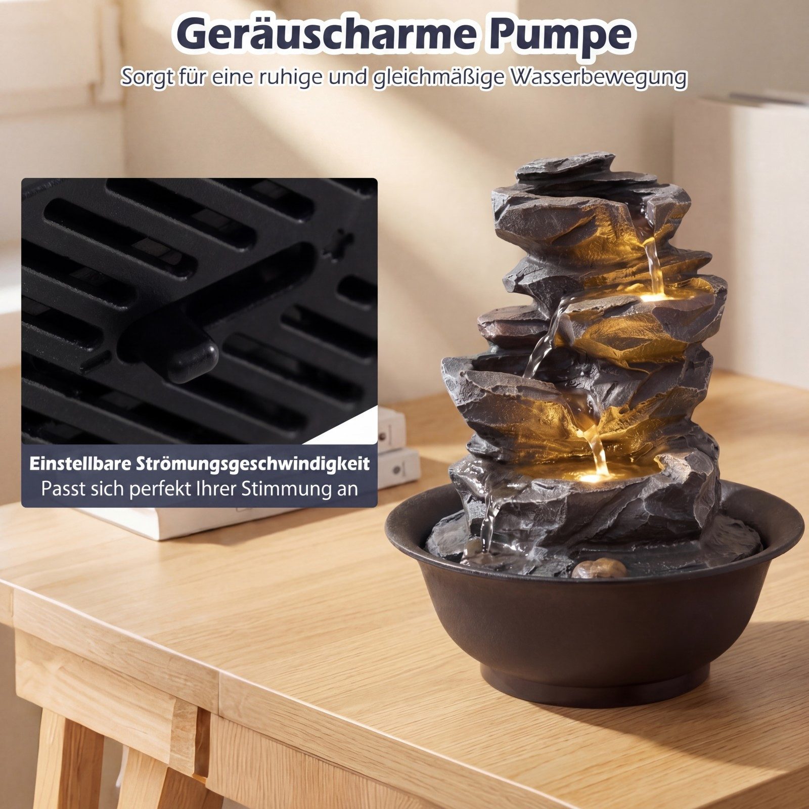 COSTWAY Zimmerbrunnen, Wasserbecken BxT: 21.5x21.5 cm, Tischbrunnen mit LED Beleuchtung & Pumpe