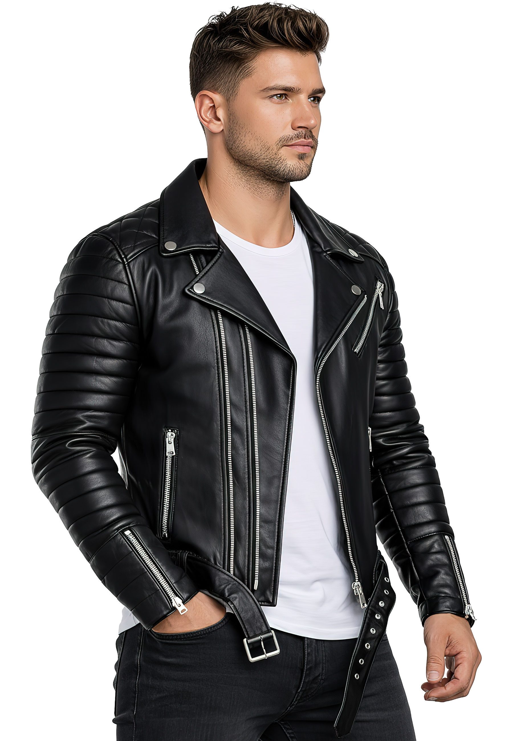 Reichstadt Lederjacke Herren Slim Fit Bikejacke RS001 im Bikerstyle mit Silver Zippern