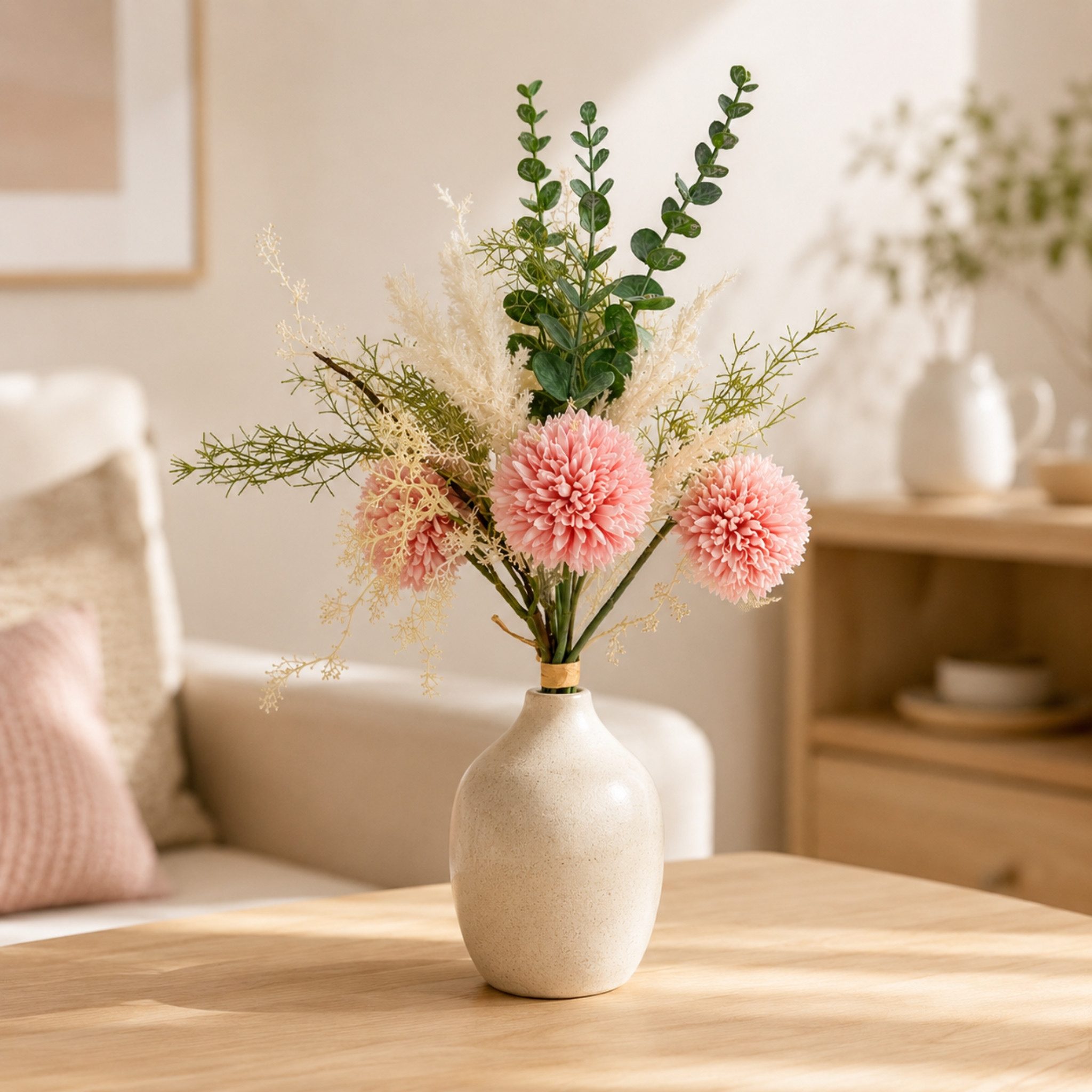 Kunstblume Kunstblumen-Strauß rosa mit Dahlien Eukalyptus wie echt Wiesenblumen, matches21 HOME & HOBBY, Höhe 37 cm, Großer Blumen-Strauß für Vasen als realistische Blumen-Deko