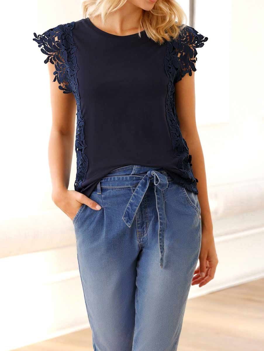 heine T-Shirt LINEA TESINI Damen Designer-Jerseyshirt m. Spitze, marine