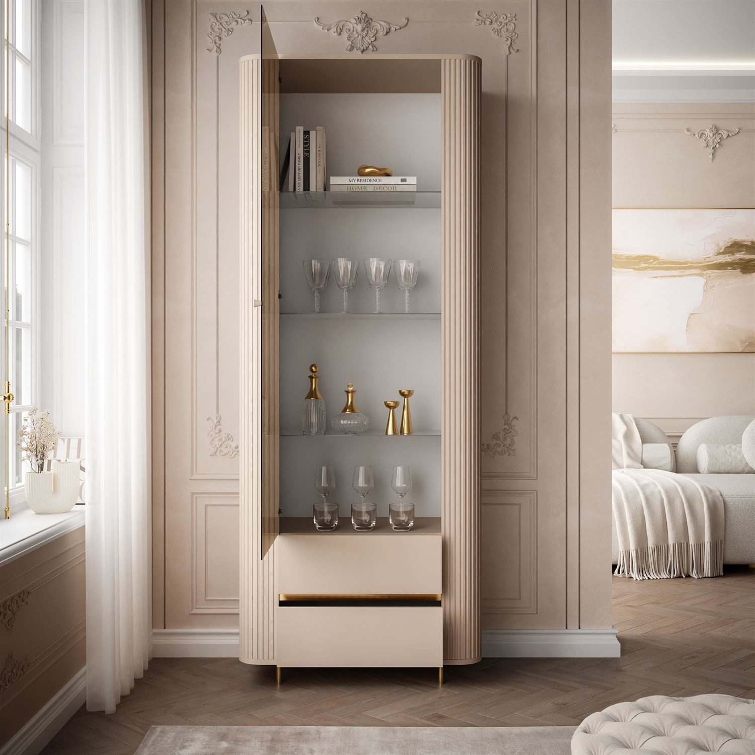ALLHOUSE24 Vitrine MIRACLE Sandbeige, Glasvitrine, Rillenstruktur, Metallfüße (1x Vitrine) Breite 76 cm