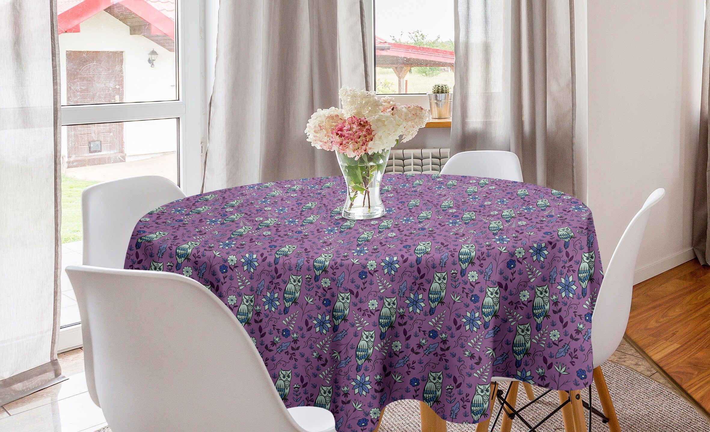 Abakuhaus Tischdecke Kreis Tischdecke Abdeckung für Esszimmer Küche Dekoration, Garten Bläulich Eulen Entlang Blumen