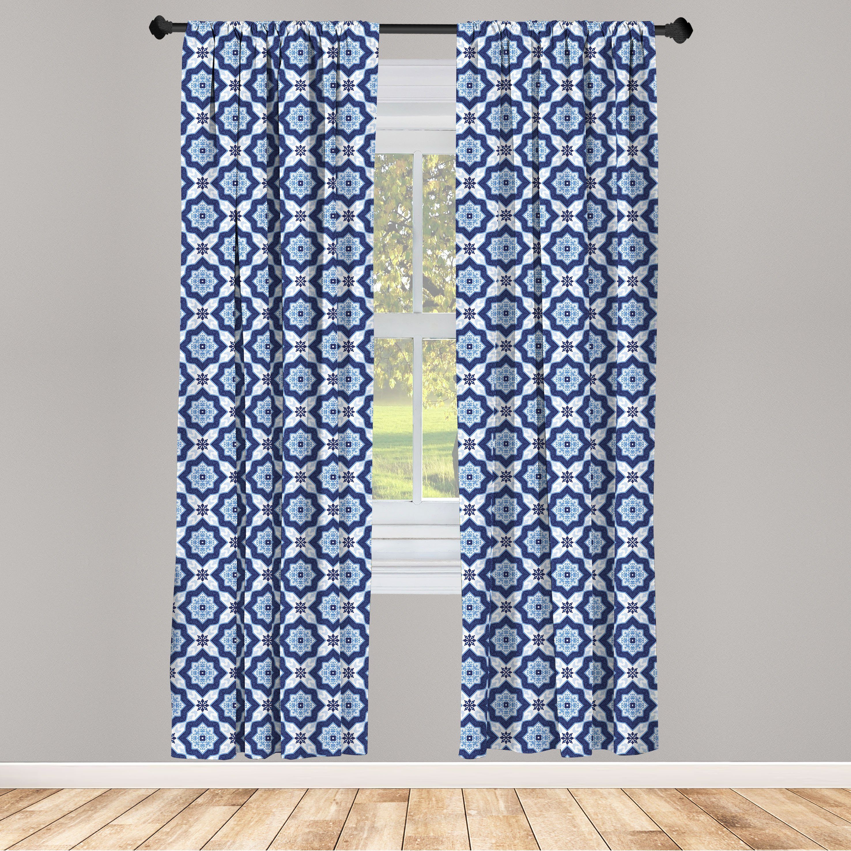 Gardine Vorhang für Wohnzimmer Schlafzimmer Dekor, Abakuhaus, Microfaser, Blau Portugiesisch Azulejo Pattern
