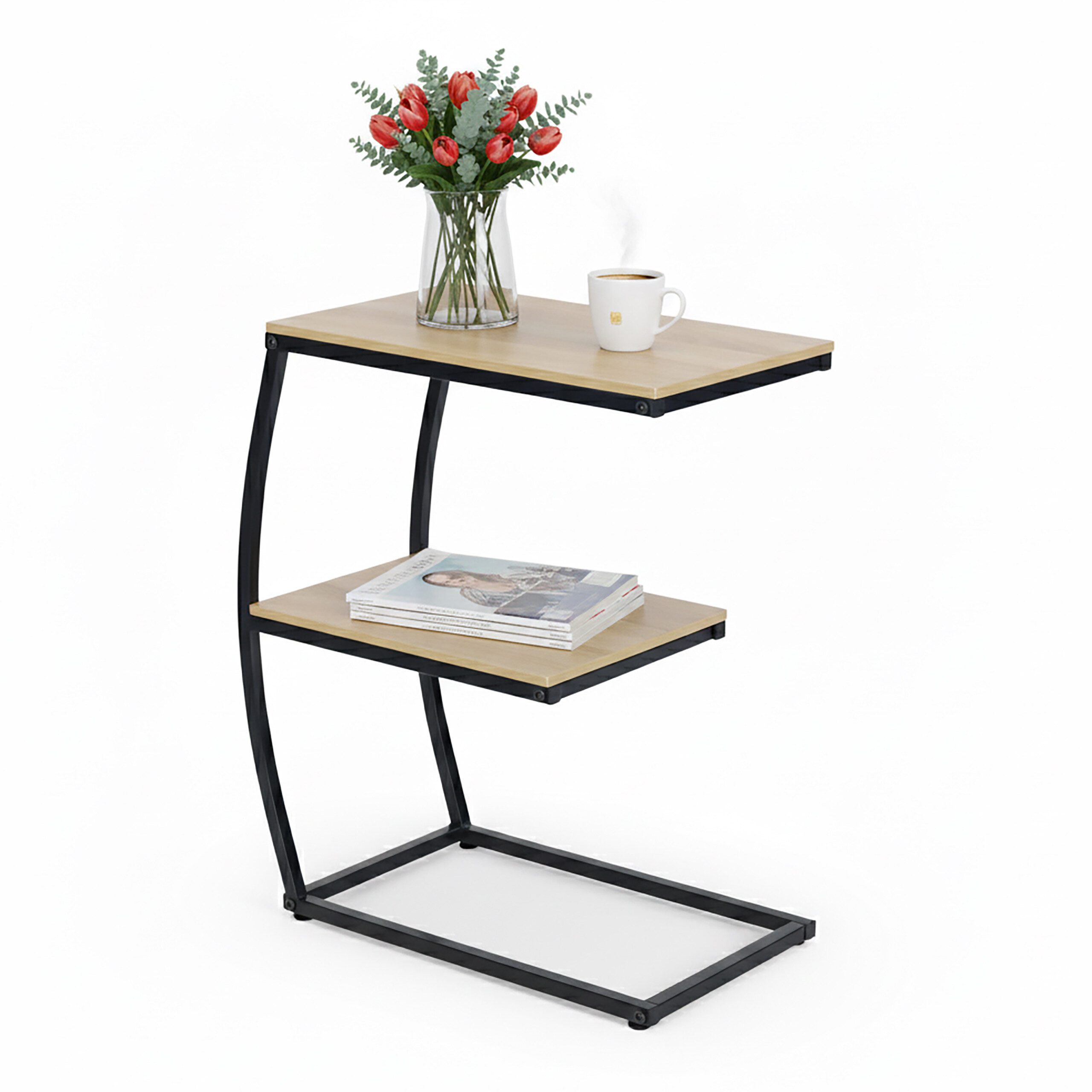 relaxdays Beistelltisch in C-Form mit 2 Ablagen (1-St), Holzoptik-Schwarz