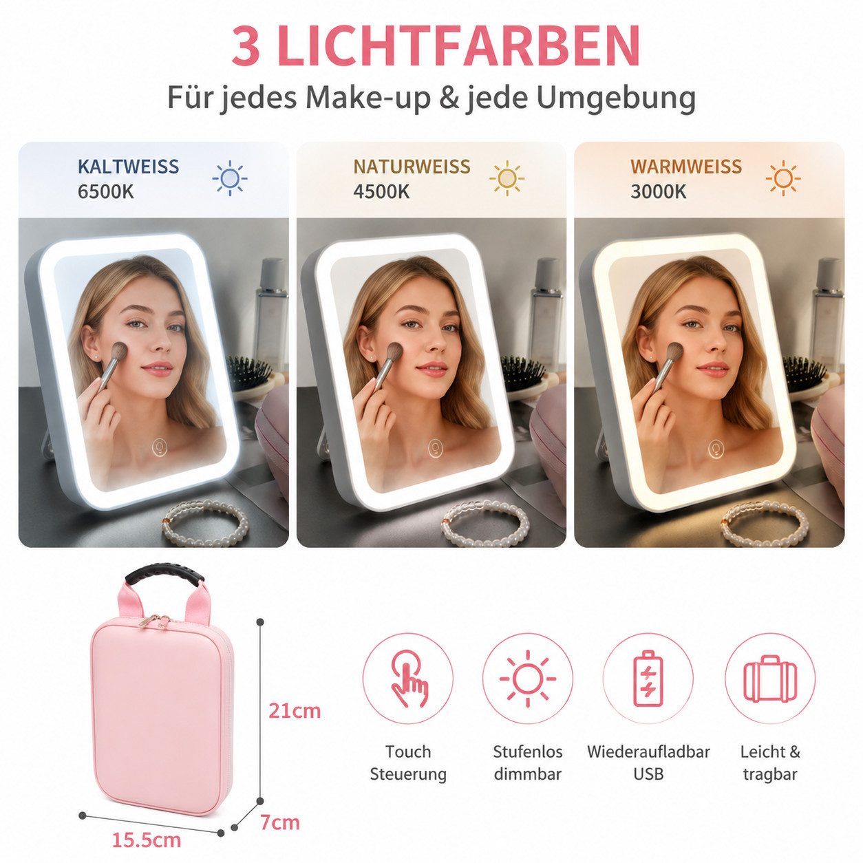 Fyrove Kosmetiktasche Schminktasche mit LED-Spiegel, Beauty Organizer für Damen (mit 3 Lichtmodi, Touch-Funktion, Innenfächern und Tragegriff), 600-mAh-Akku, 3, – Bild 3 von 5