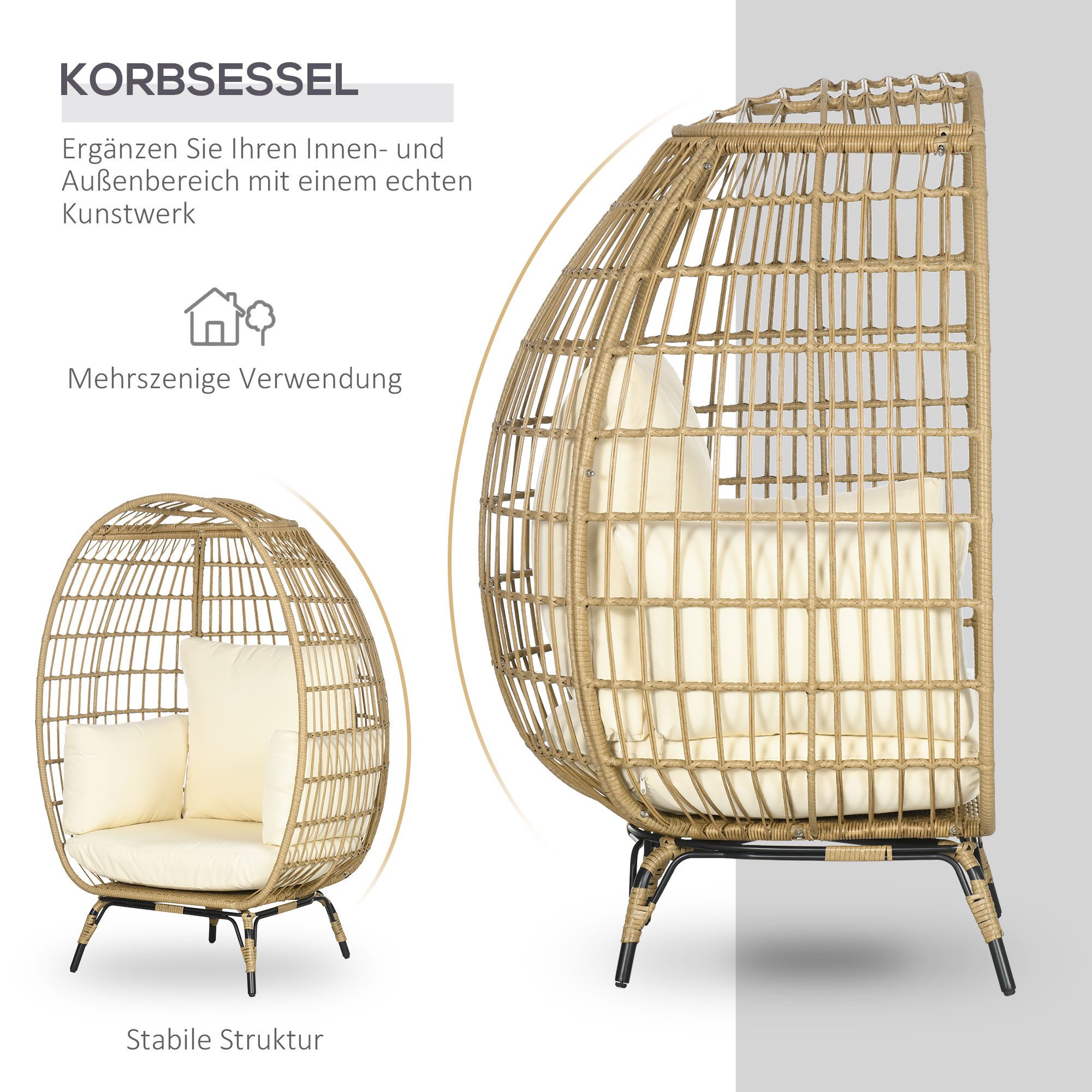 Outsunny Rattanstuhl Rattansessel in Korbform, Erhöhter Gartensessel, Balkon, Terrasse (Rattansessel, 1 St), Metall, Khaki, 105 x 90 x 148 cm – Bild 5 von 5