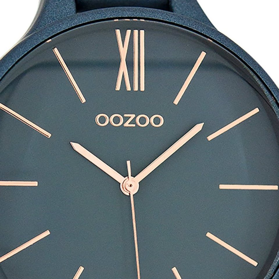 OOZOO Quarzuhr Oozoo Damen Armbanduhr azurblau, Damenuhr rund, groß (ca.  45mm) Lederarmband, Fashion-Style