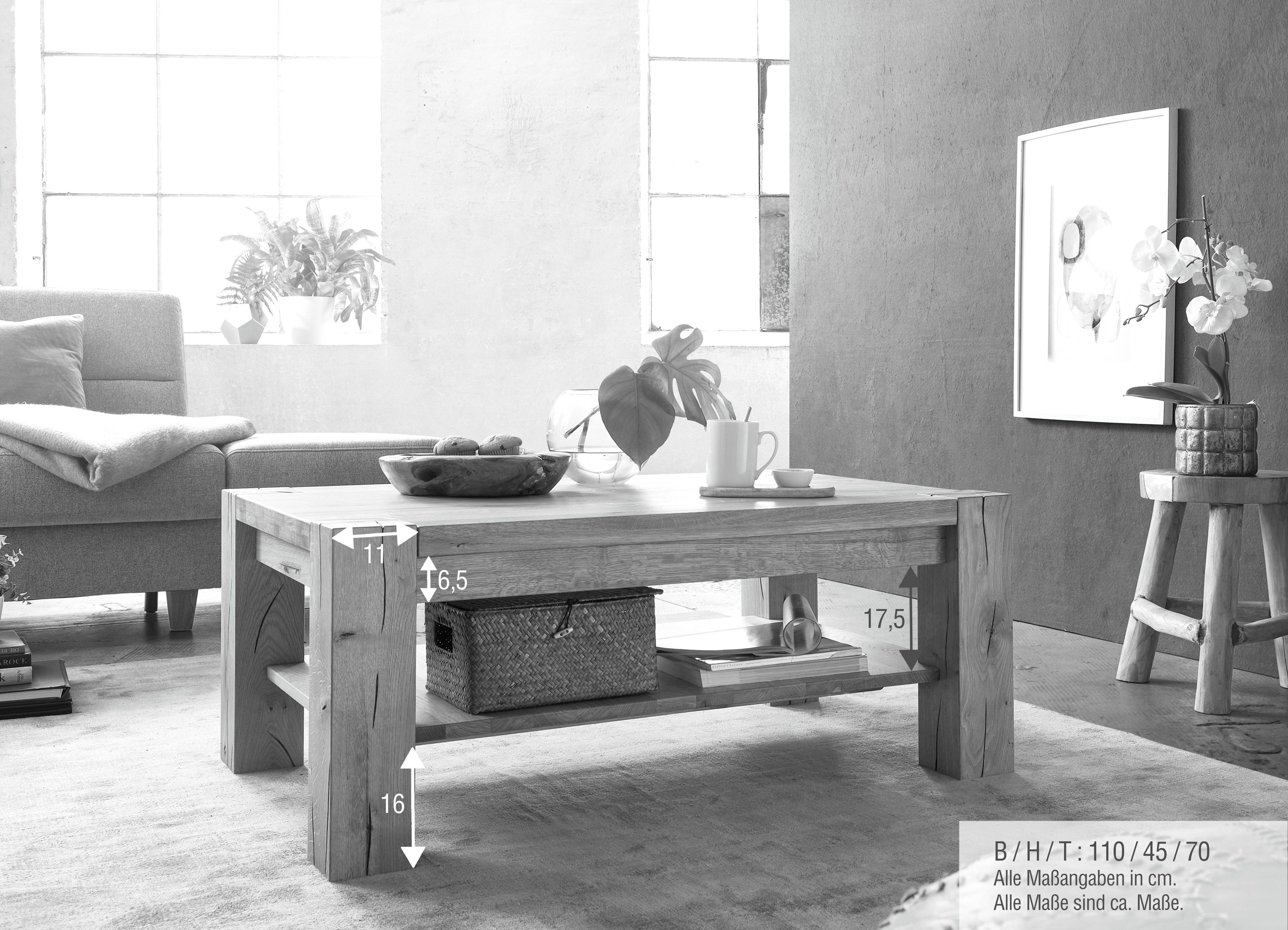 Woodroom Couchtisch Mannar (110 x 45 x 75 cm), Beistelltisch, Kaffeetisch, massive Wildeiche geölt