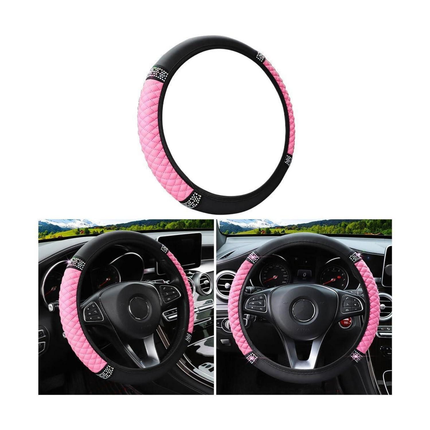 LuxusKollektion Lenkradbezug Lenkradbezug AntiRutsch Elastisch Diamantbesetzt Rosa in Lederoptik