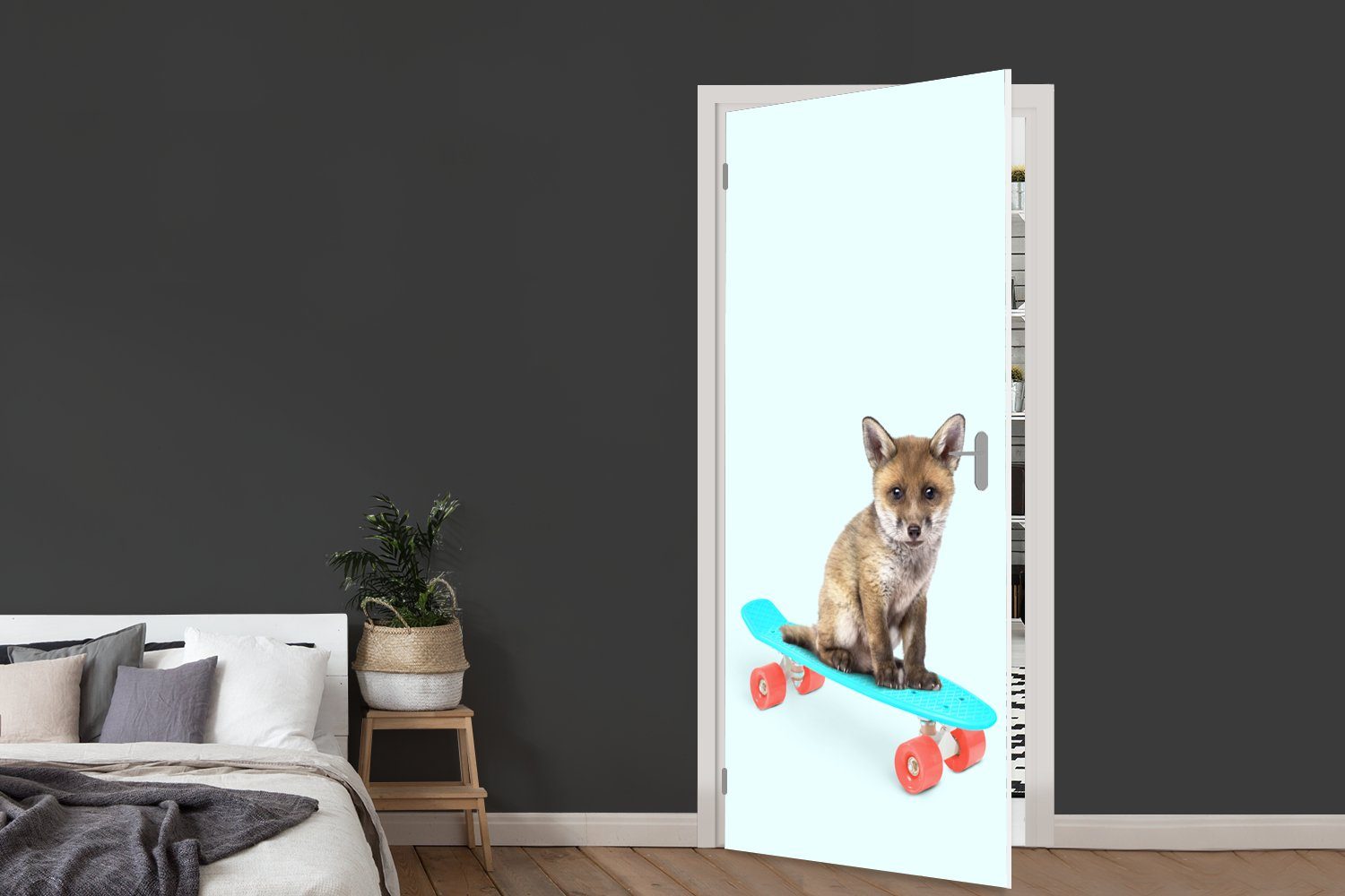 Tür, (1 Fototapete St), für Türaufkleber, Skateboard - bedruckt, MuchoWow cm - Blau, Matt, - Fuchs Türtapete 75x205 Tiere