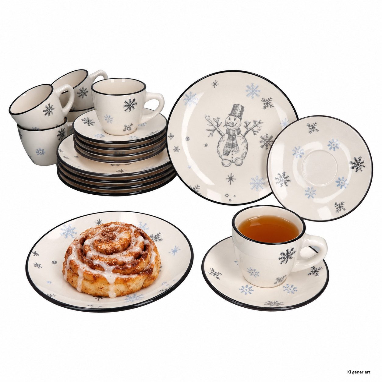 MamboCat Kaffeeservice 18tlg Olove Kaffeeservice Schneemann Schneeflocken Weihnachten, Steingut, Weihnachtsgeschirr, Wintergeschirr, Advent, Kaffeeservice, Schneemann