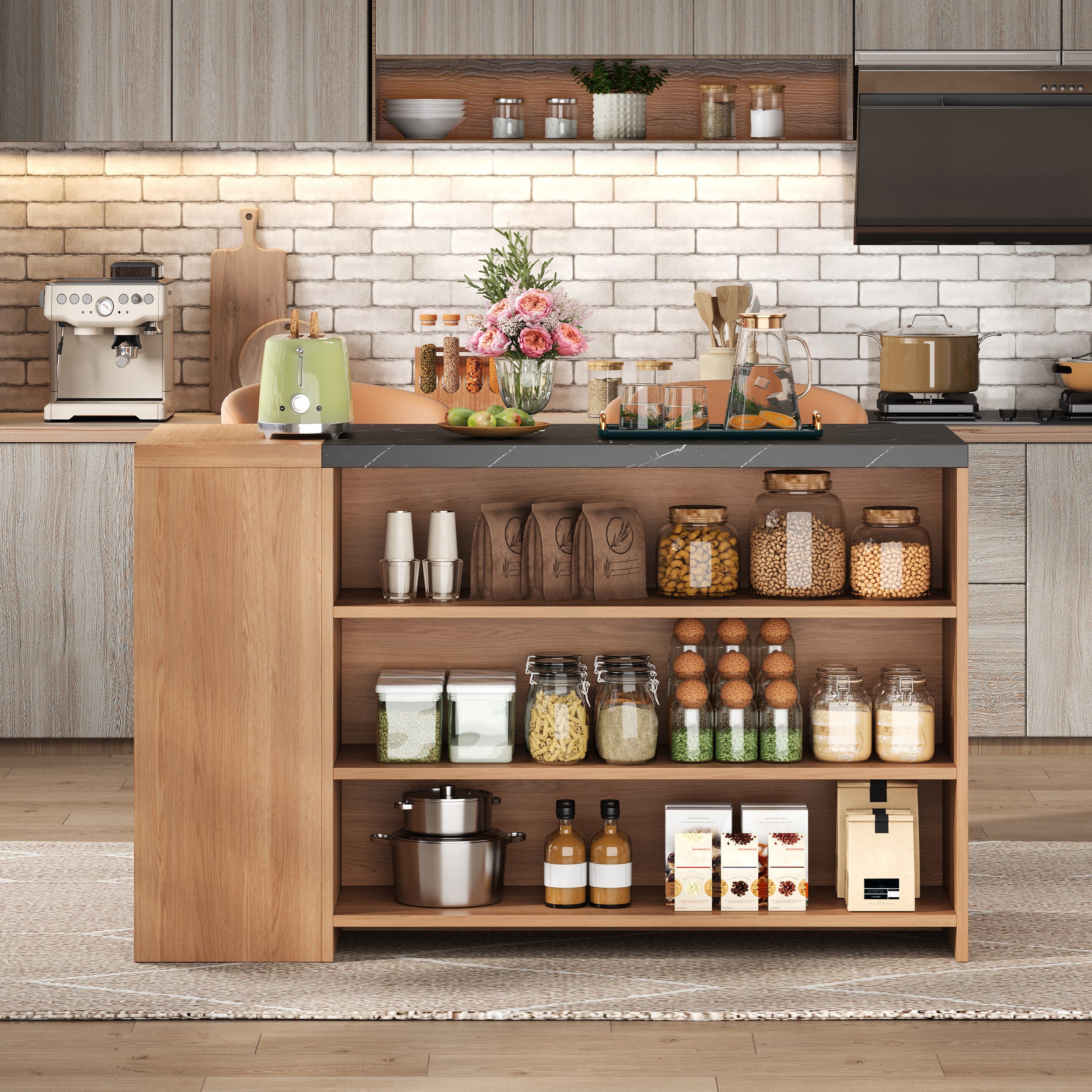HAUSS SPOLE Kücheninsel mit Schublade,Bartisch Bartheke mit Allround-Stauraumdesign,Eiche, (Anrichte Esstisch mit verdickte Tischplatte), Wohnzimmerschrank mit 5 Ebenen Stauraum