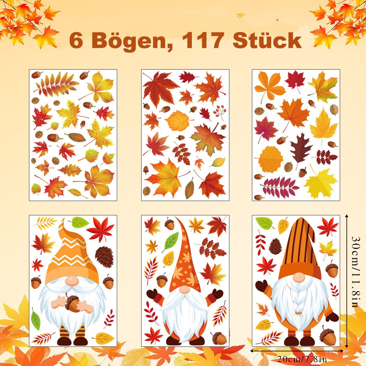 Sorvyzxn Fensterbild Herbst Fenstersticker 6 Bögen mit Ahornblatt, Thanksgiving Fensterdeko, Statische Fensteraufkleber – Bild 2 von 5