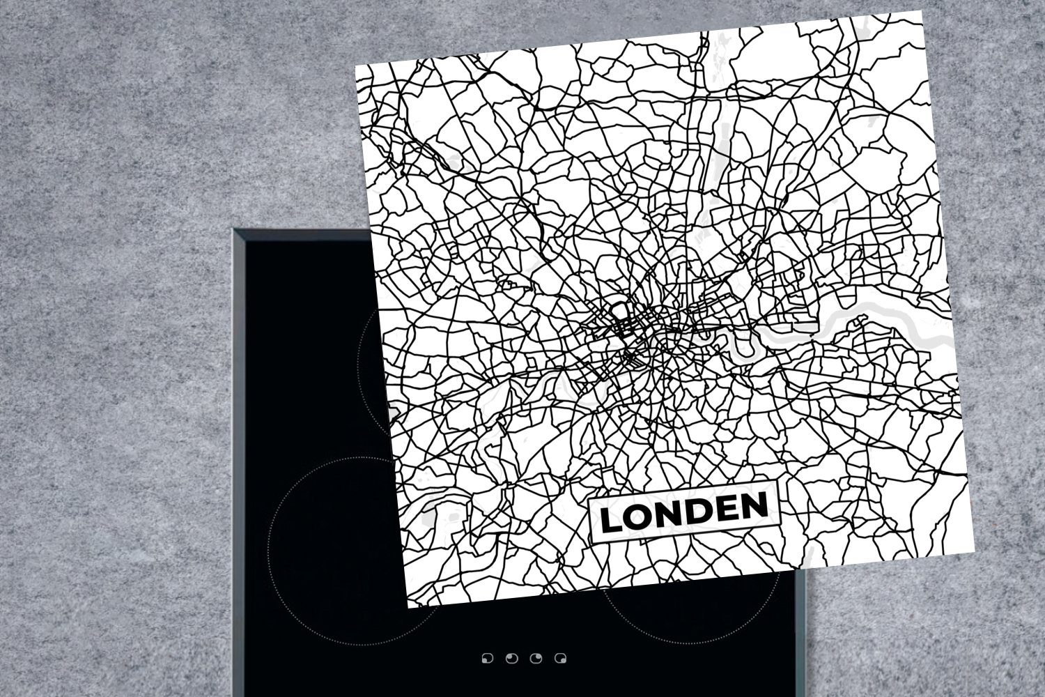 - Weiß (1 Karte, Schwarz 78x78 und - Vinyl, - cm, MuchoWow Ceranfeldabdeckung, London Arbeitsplatte Herdblende-/Abdeckplatte küche tlg), Stadtplan für
