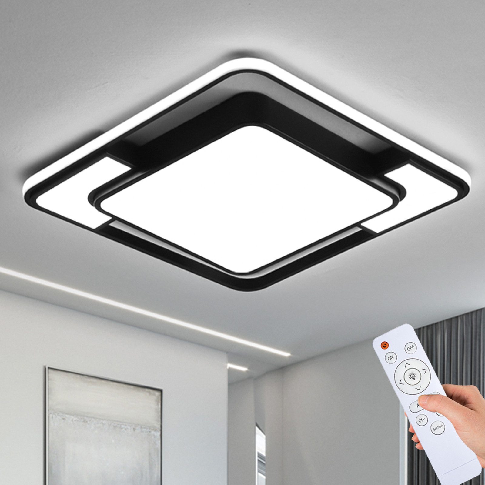 style home Deckenleuchte LED Deckenlampe dimmbar mit Fernbedienung, 90W-Ø42cm, Warmweiß bis Kaltweiß 3000K-6000K, quadratisch 42x6 cm, Schwarz, für Wohnzimmer Büro