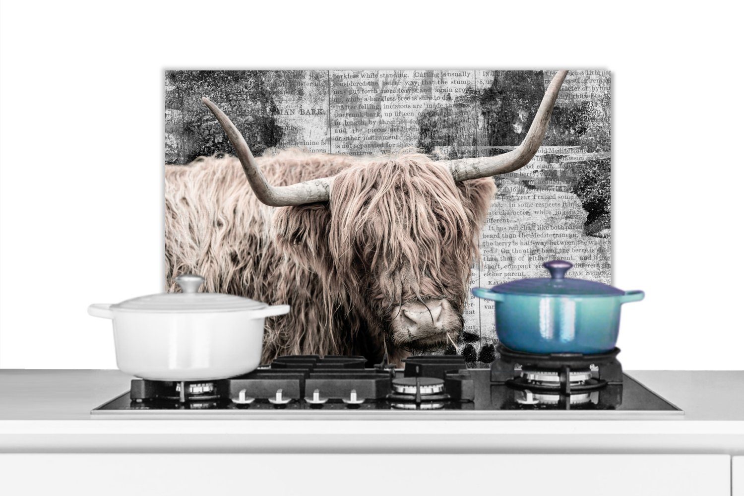 MuchoWow Küchenrückwand Schottischer Highlander - Kuh - Retro, (1-tlg), 60x40 cm, Herdblende aus Wandschutz, Temperaturbeständig küchen
