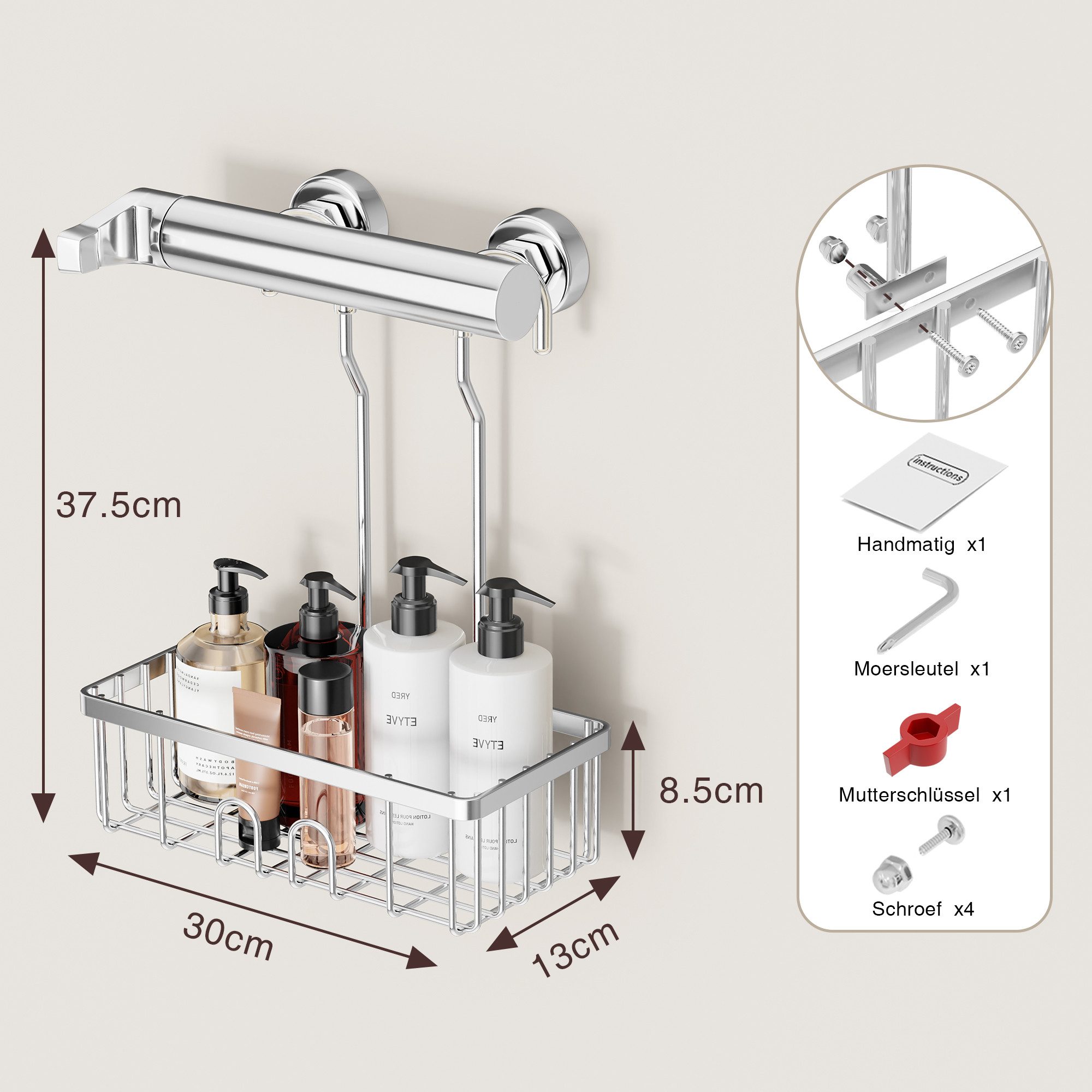 niffgaff Duschablage ohne Bohren aus SS304 Edelstahl, 30 x 13 x 37,5 cm, 1-tlg., Praktische hängende Halterung für Shampoo und Seife in der Dusche
