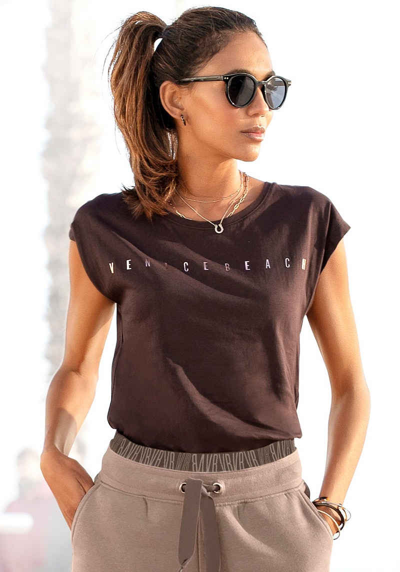 Venice Beach Kurzarmshirt mit glänzendem Logodruck, T-Shirt aus Baumwolle