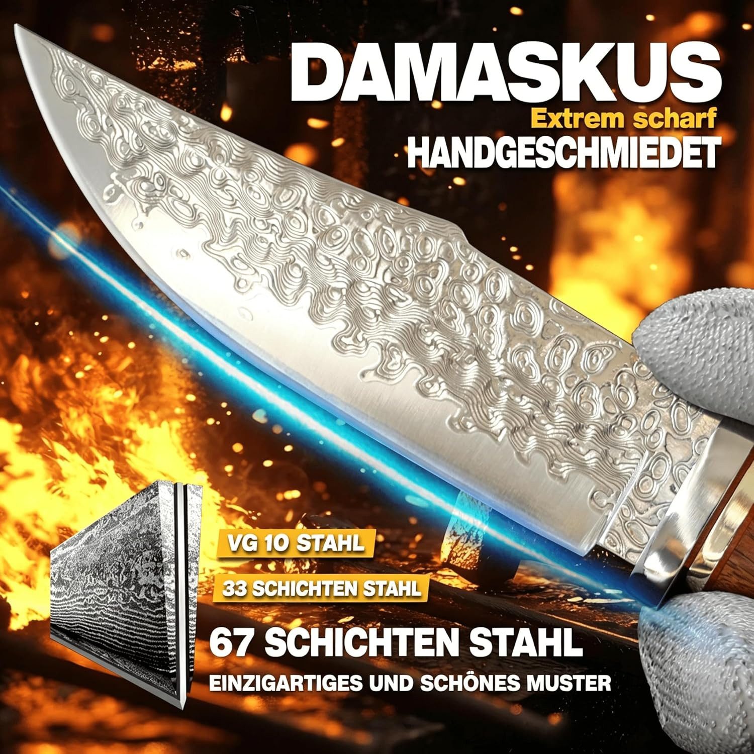 KingLux Damastmesser Damast Feststehend Jagdmesser Outdoor Camping Messer mit Lederscheide