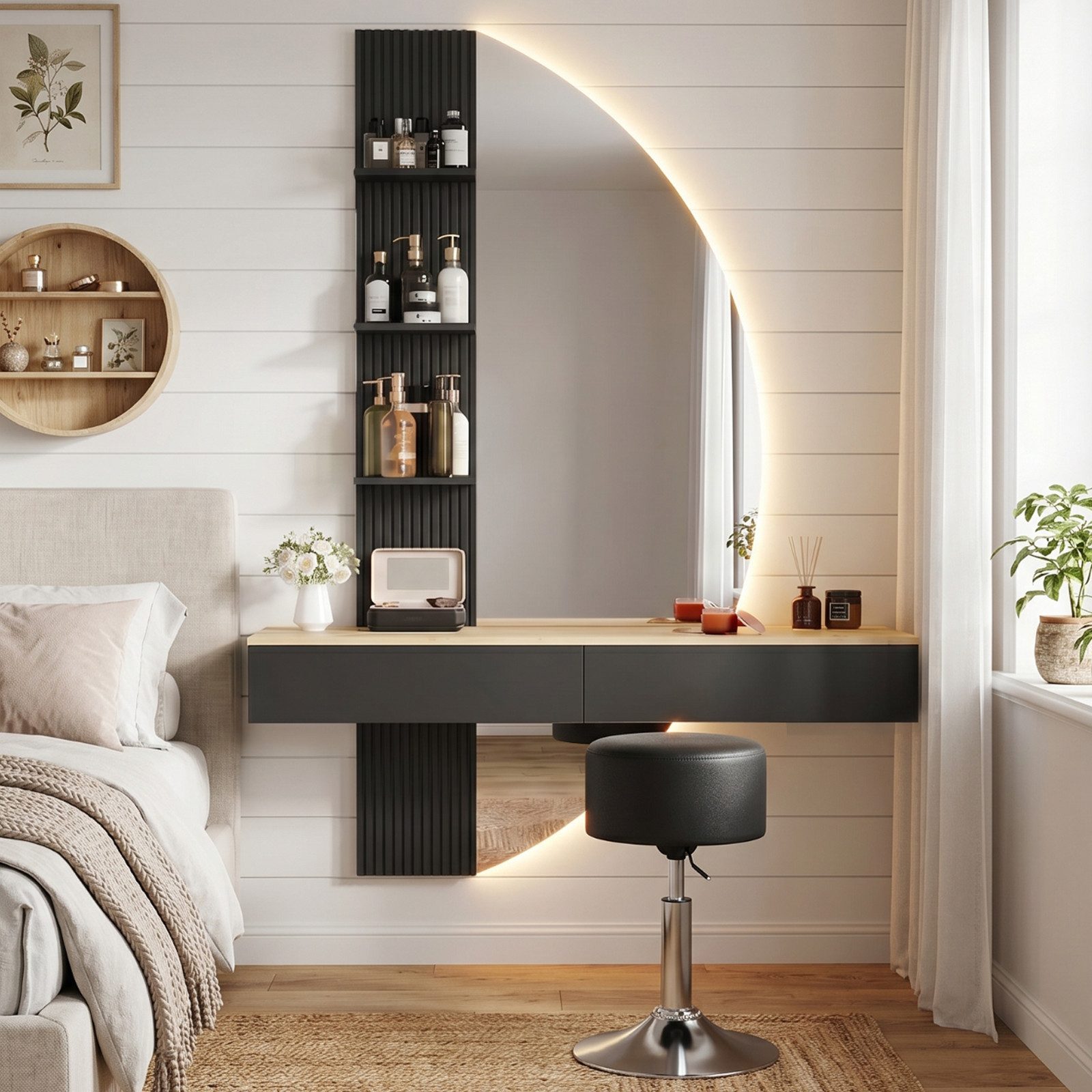 HOMALL Schminktisch Hängender Schminktisch mit LED-Beleuchtung (Maße: 106 × 40 × 143 cm, mit 3 offenen Ablagefächern, 2 Schubladen und drei einstellbaren Farbte – Bild 3 von 5