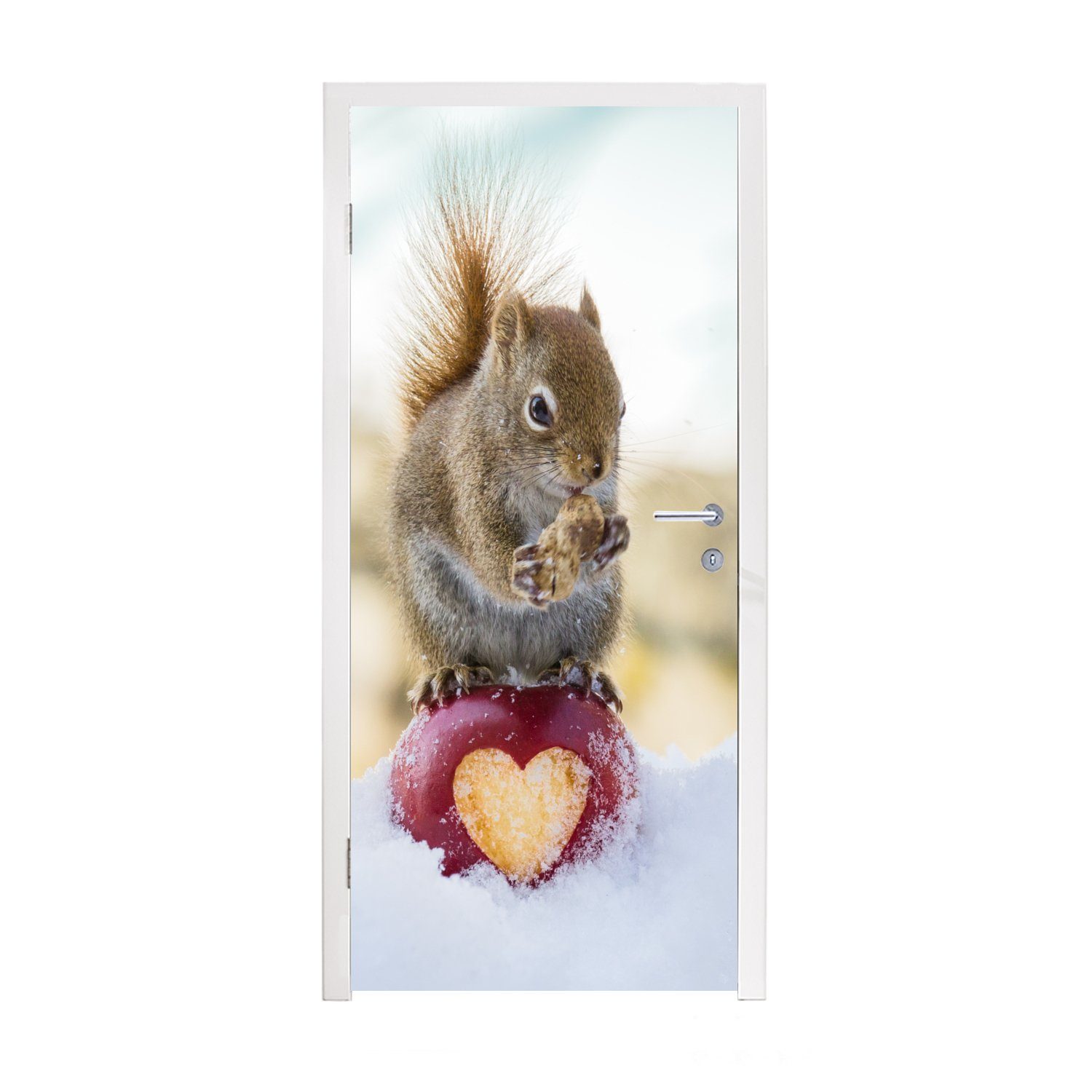 St), Herz, Matt, für auf Türtapete Türaufkleber, 75x205 Fototapete cm (1 bedruckt, MuchoWow fehlendem mit Apfel Eichhörnchen Tür,