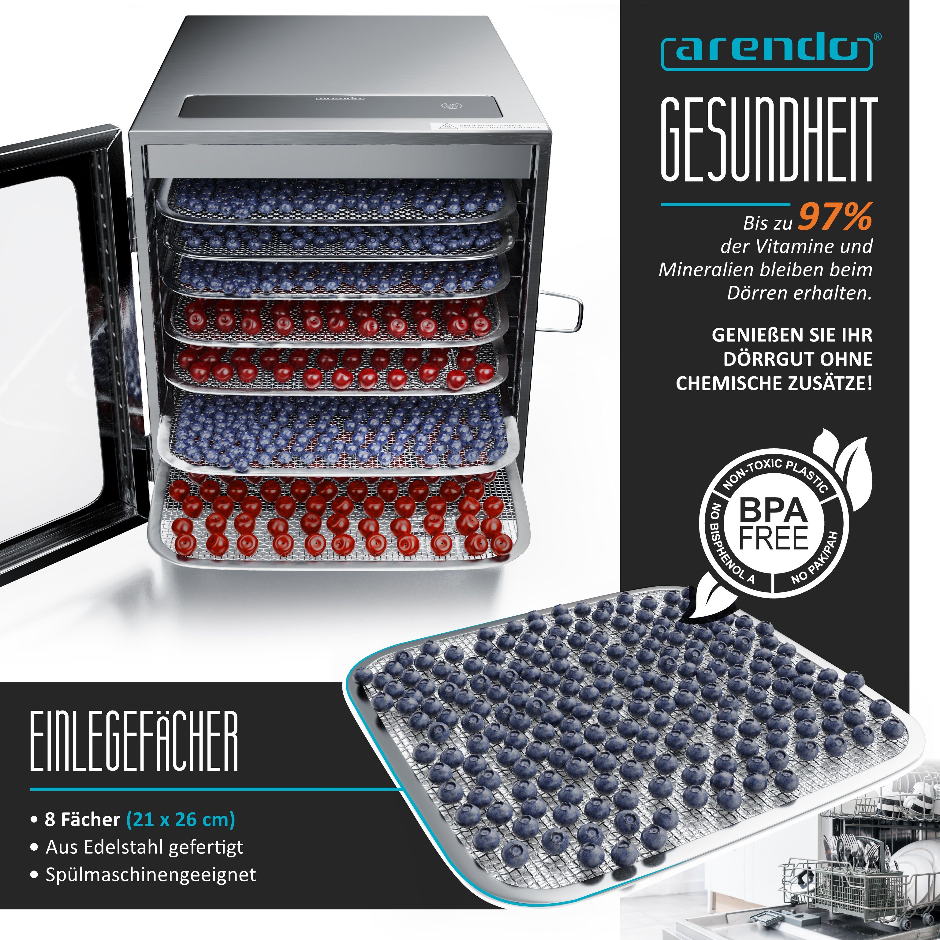 Arendo Dörrautomat 8 Etagen, 30-90°C, Edelstahl, mit Temperaturregler, Dörrgerät 500 W, 8 Etagen, Timer 24h, für Obst/Fleisch/Pilze, BPA-frei, GS, 8 Einlegefäch – Bild 5 von 5